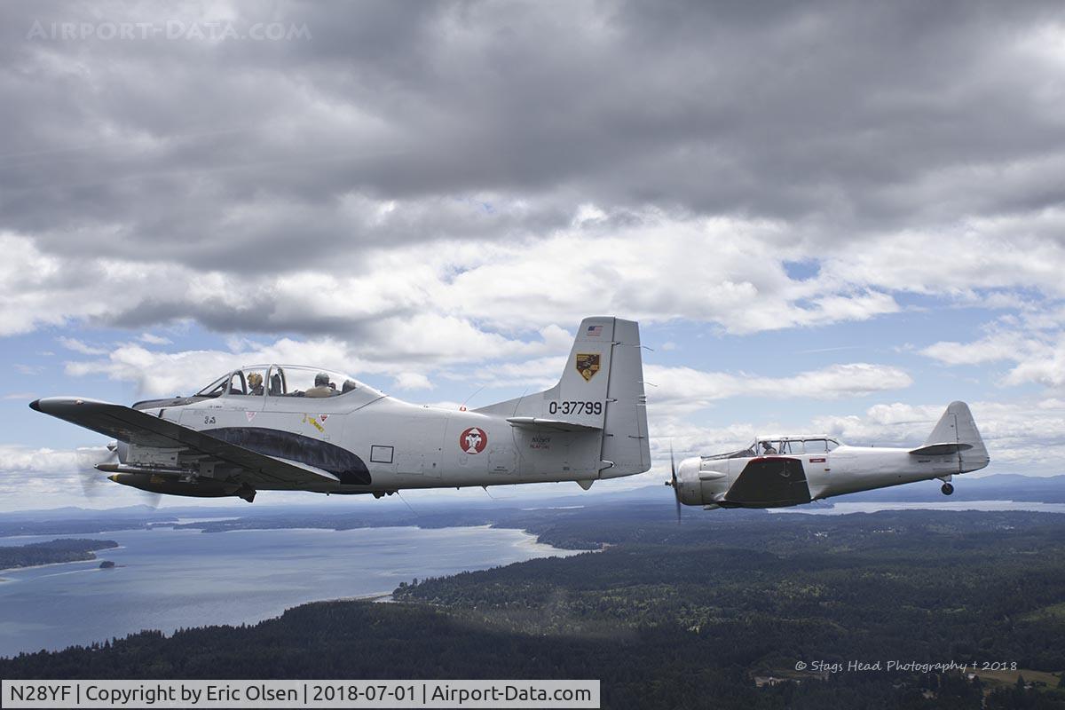 N28YF, 1953 North American T-28D Trojan C/N 200-162, N28YF in formation with a Texan while en-route to do a fly by at another airport as part of the 4th of July celebration.