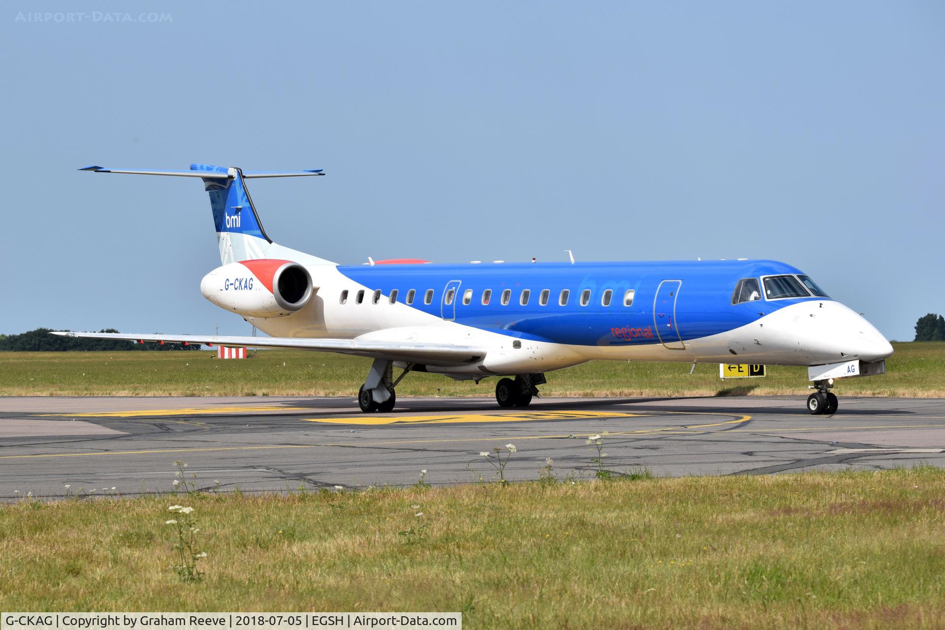 G-CKAG, 1999 Embraer ERJ-145EP (EMB-145EP) C/N 145118, Just landed at Norwich.