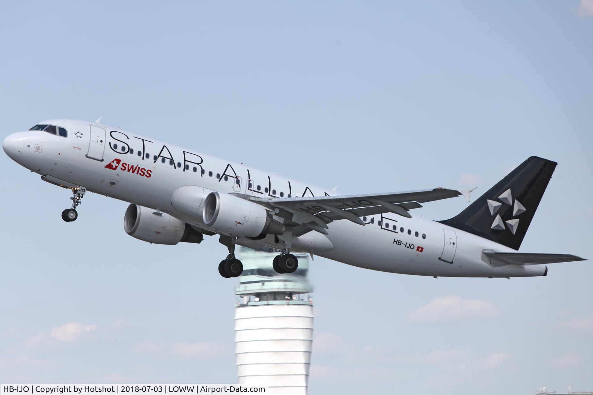 HB-IJO, 1997 Airbus A320-214 C/N 673, Departing with the ATC Tower as the pole