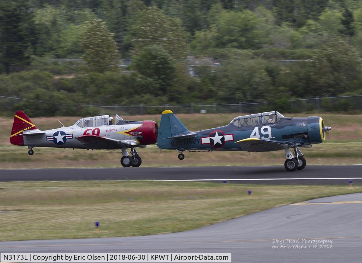 N3173L, 1945 North American AT-6 C/N 413279, A 1945 AT-6 taking off with a T-6G.