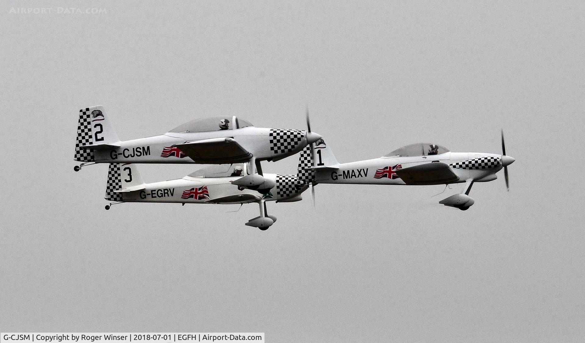 G-CJSM, 2016 Vans RV-8 C/N LAA 303-15296, Ravens 2 and 3 led by Raven 1 departing Runway 04 to display on a wet day 2 at WNAS18.
Ravens 4 and 5 are out of shot.