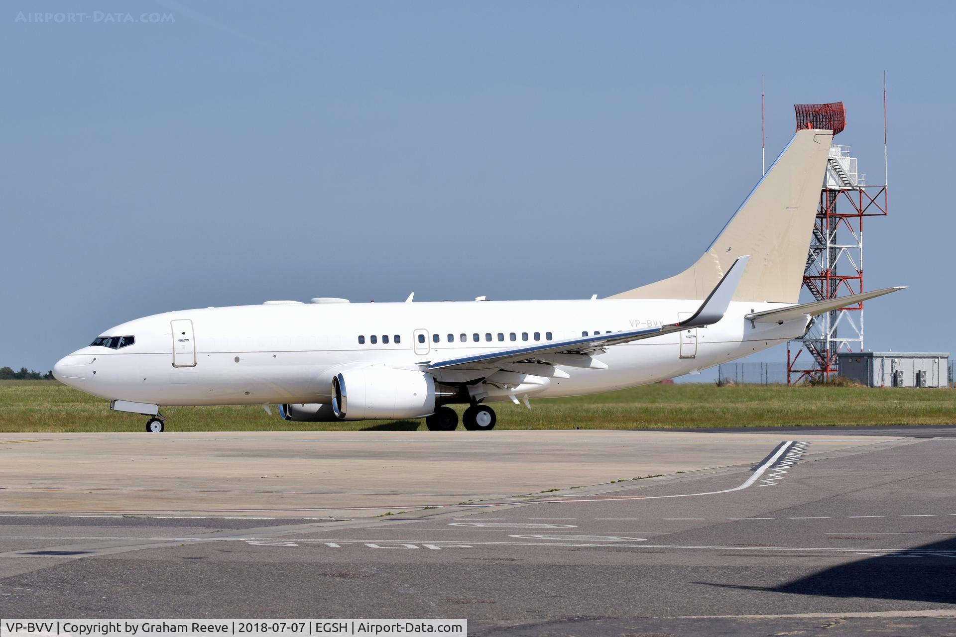 VP-BVV, 1999 Boeing 737-73U BBJ C/N 29200, Departing from Norwich after a re-spray.