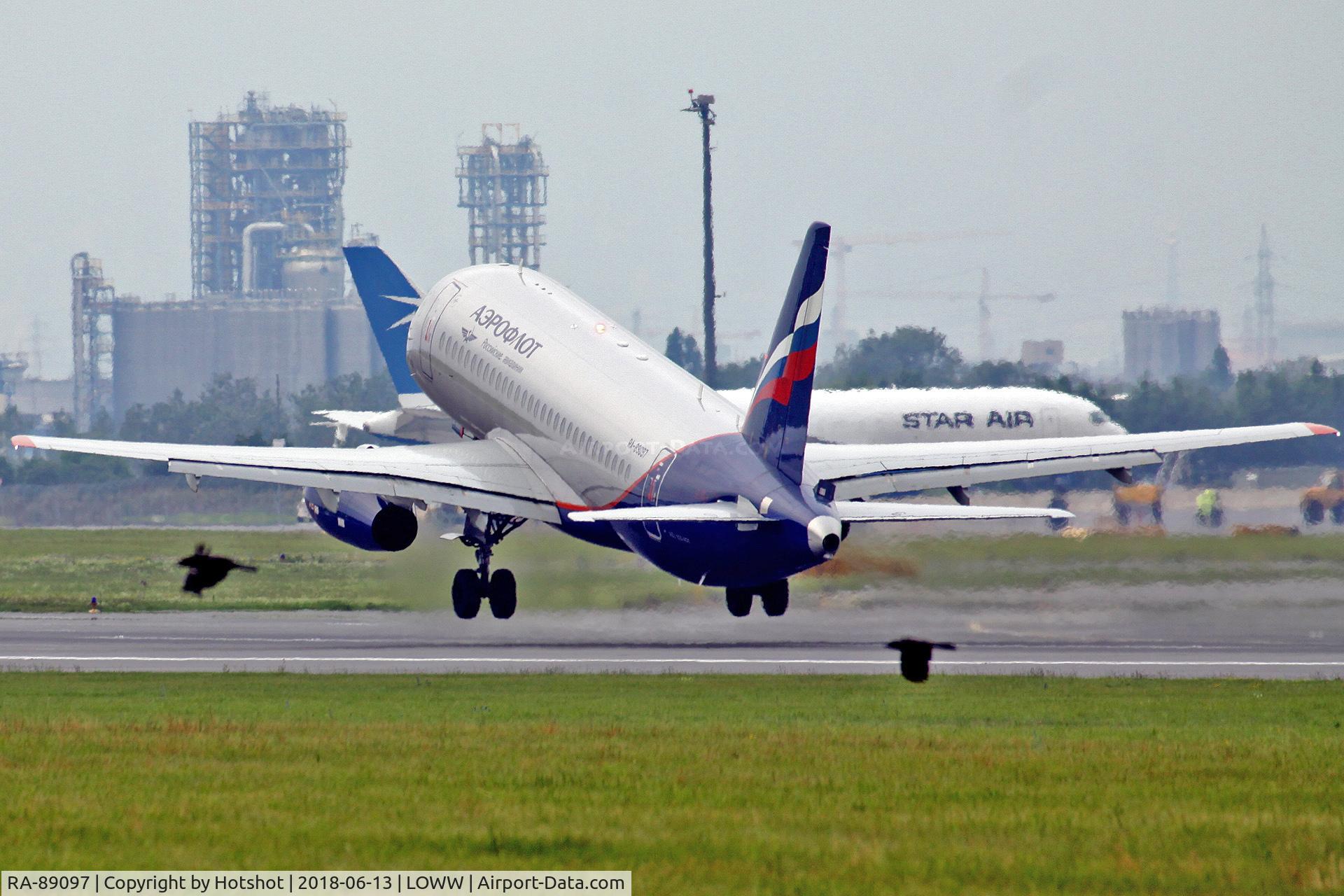 RA-89097, 2017 Sukhoi SuperJet 100-95B C/N 95133, Lift-off with the beacon flashing