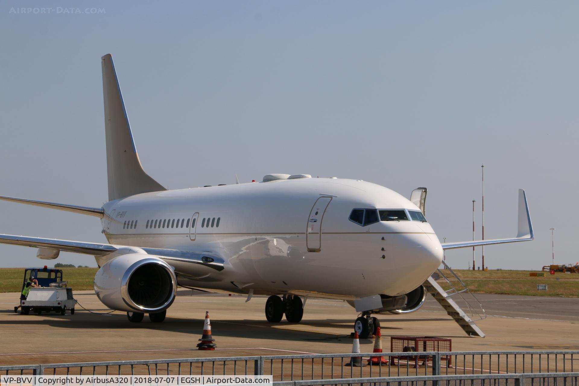VP-BVV, 1999 Boeing 737-73U BBJ C/N 29200, Parked on stand 5 ready to depart following repaint