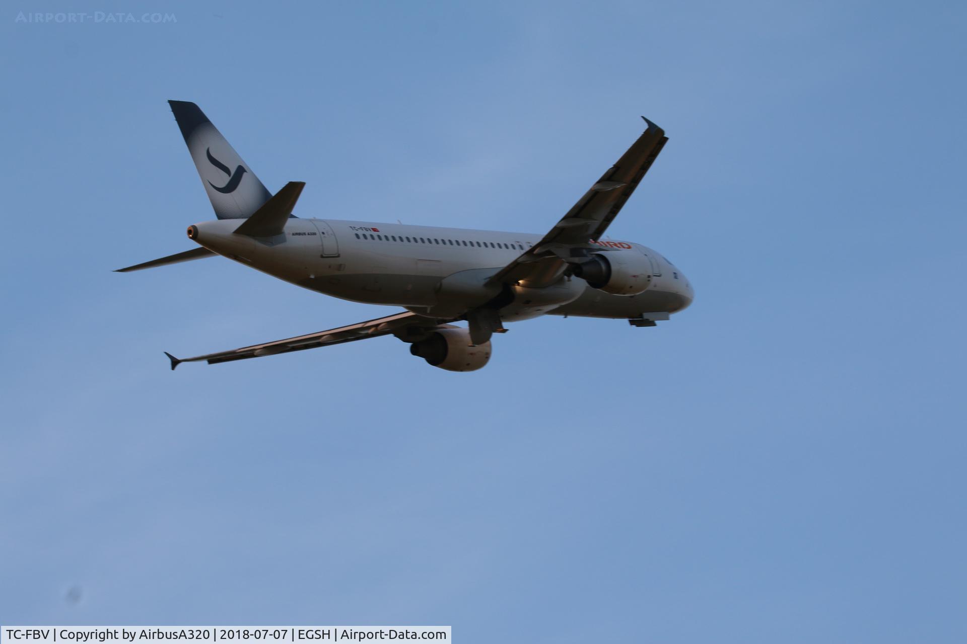 TC-FBV, 2011 Airbus A320-214 C/N 4658, Climbing out of Norwich