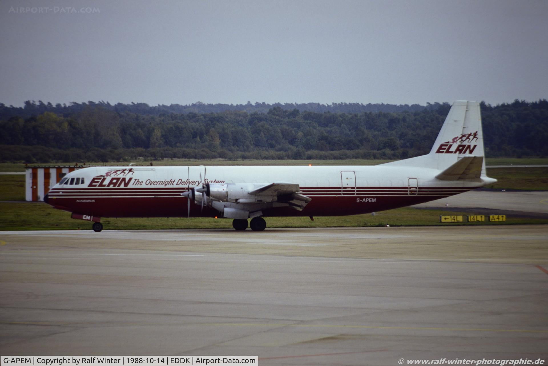 G-APEM, 1961 Vickers V953C Merchantman C/N 716, Vickers V953V Merchantman - ELAN The Overnight Delivery System 'Agamemnon' - 716 - G-APEM - 14.10.1988 - CGN