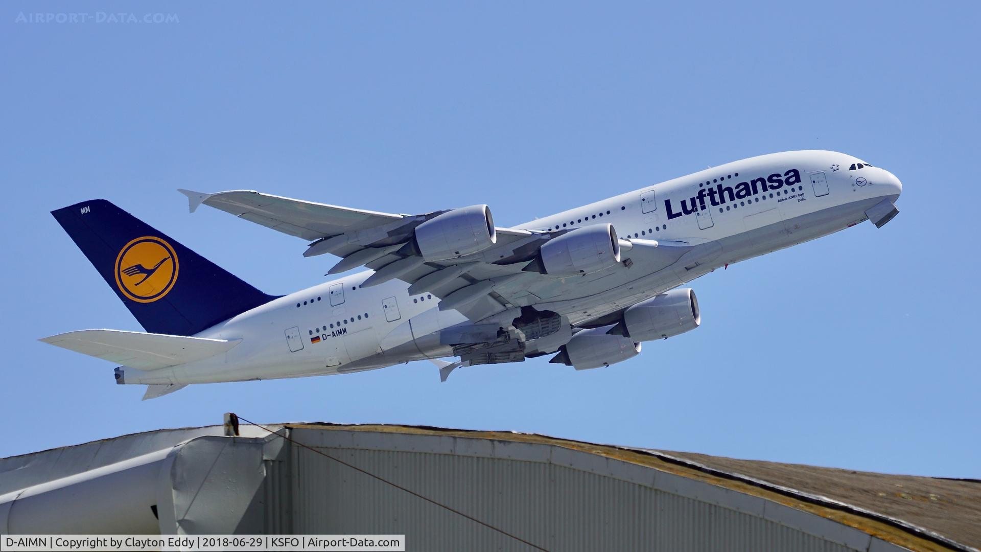 D-AIMN, 2014 Airbus A380-841 C/N 177, Departing runway 28L at SFO 2018.