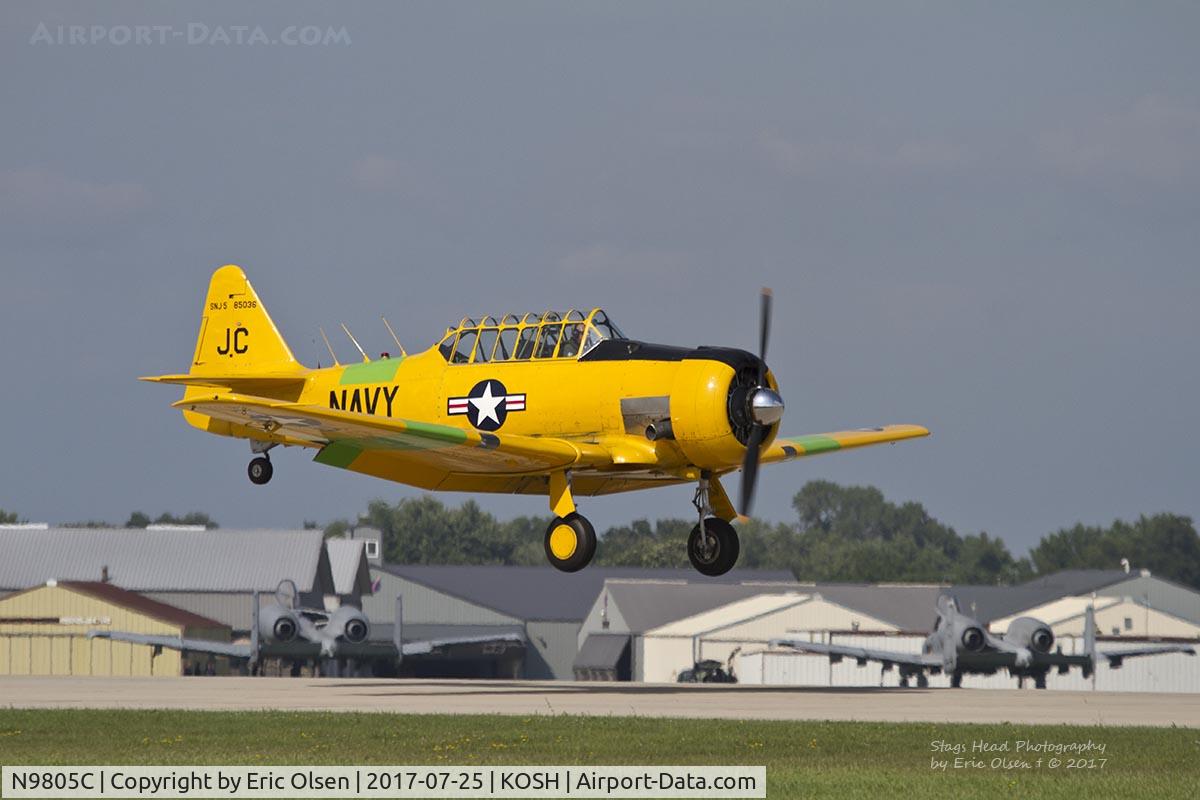 N9805C, 1945 North American SNJ-5B Texan C/N 85036, SNJ-5B landing at Oshkosh.
