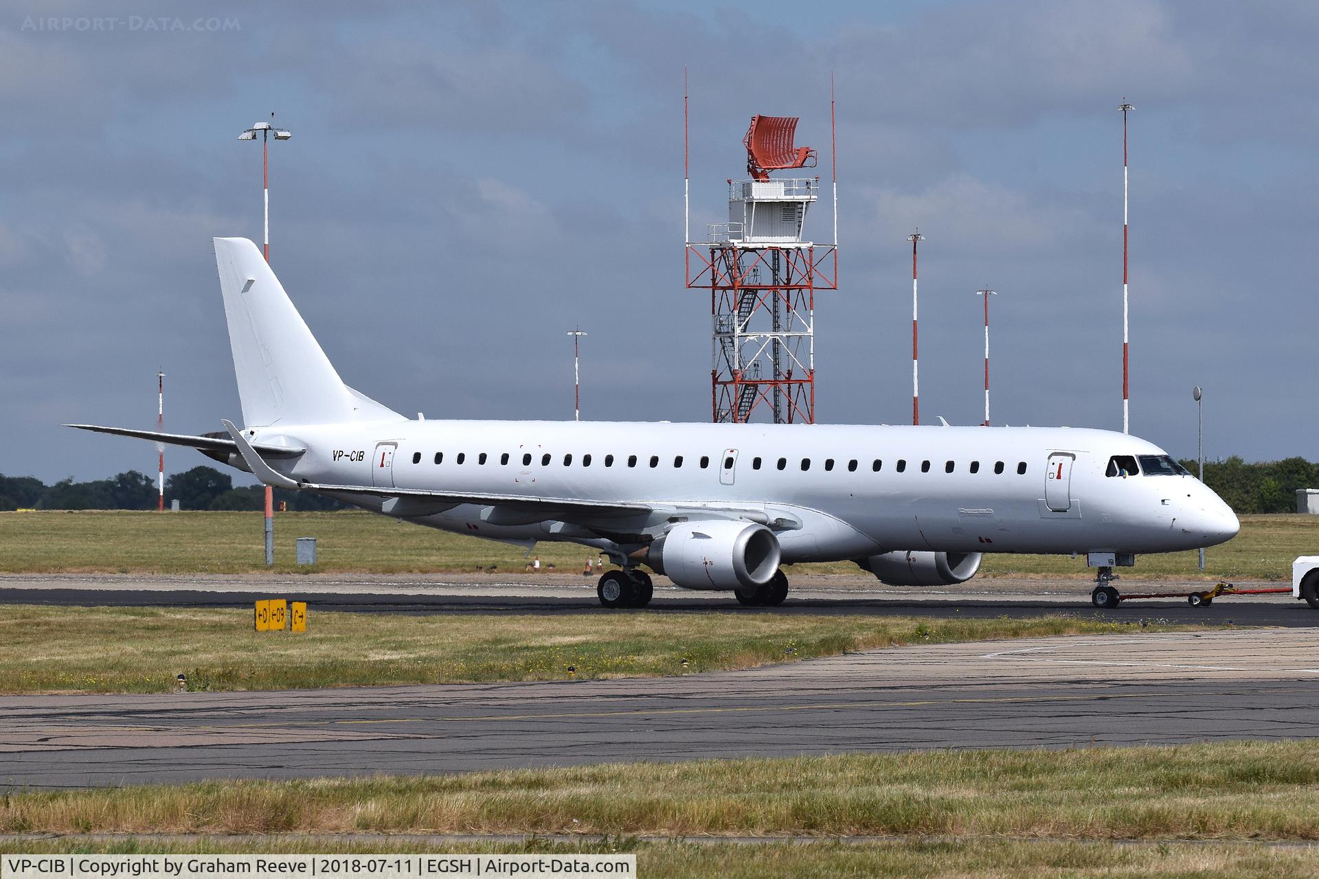 VP-CIB, 2008 Embraer 190LR (ERJ-190-100LR) C/N 19000227, Under tow at Norwich.