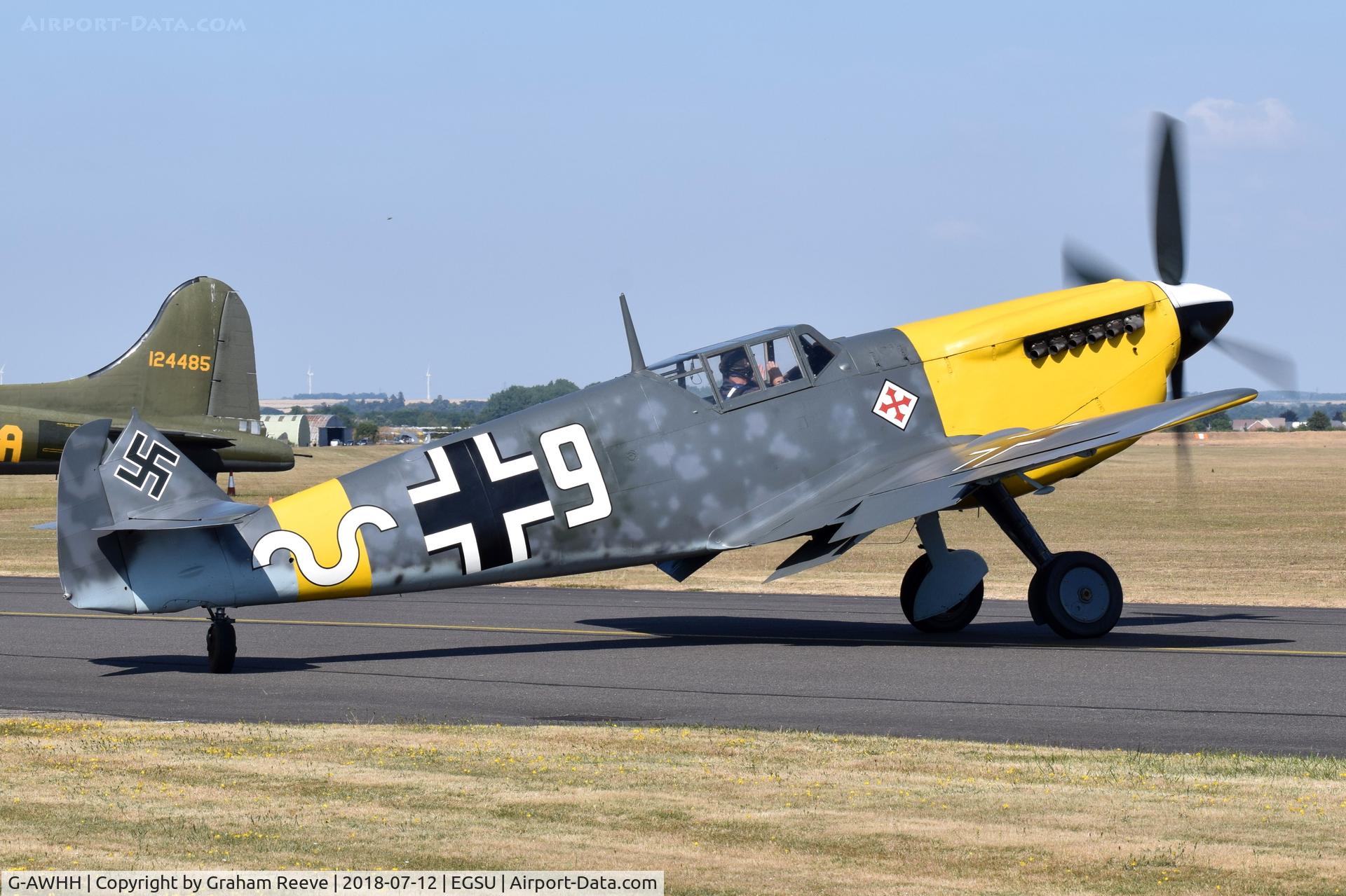 G-AWHH, 1958 Hispano HA-1112-M1L Buchon C/N 145, About to depart from Duxford.