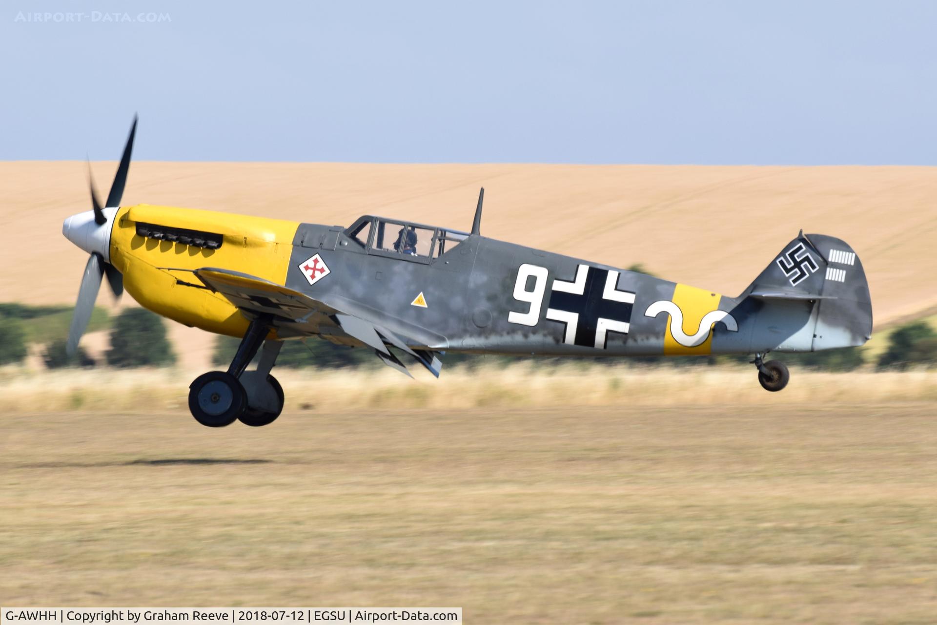 G-AWHH, 1958 Hispano HA-1112-M1L Buchon C/N 145, Landing at Duxford.