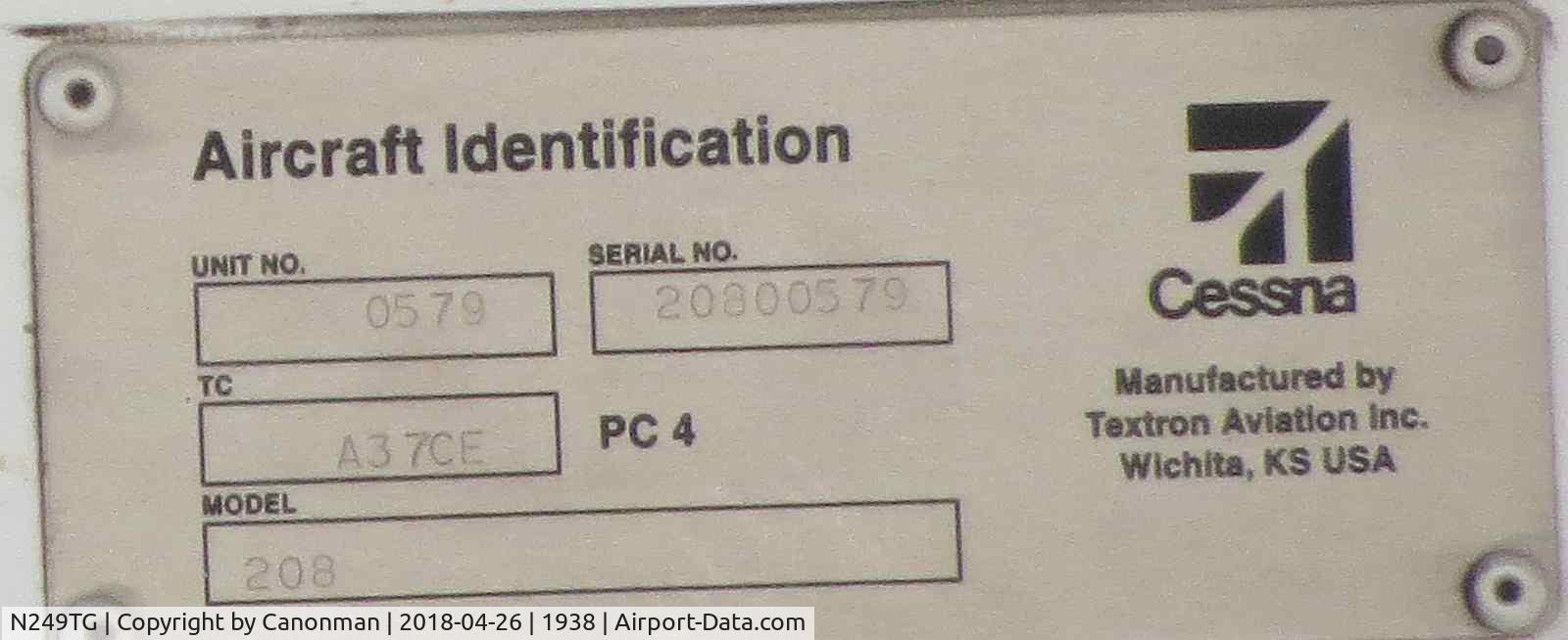 N249TG, 2015 Cessna 208 Caravan I C/N 208-00579, Identification