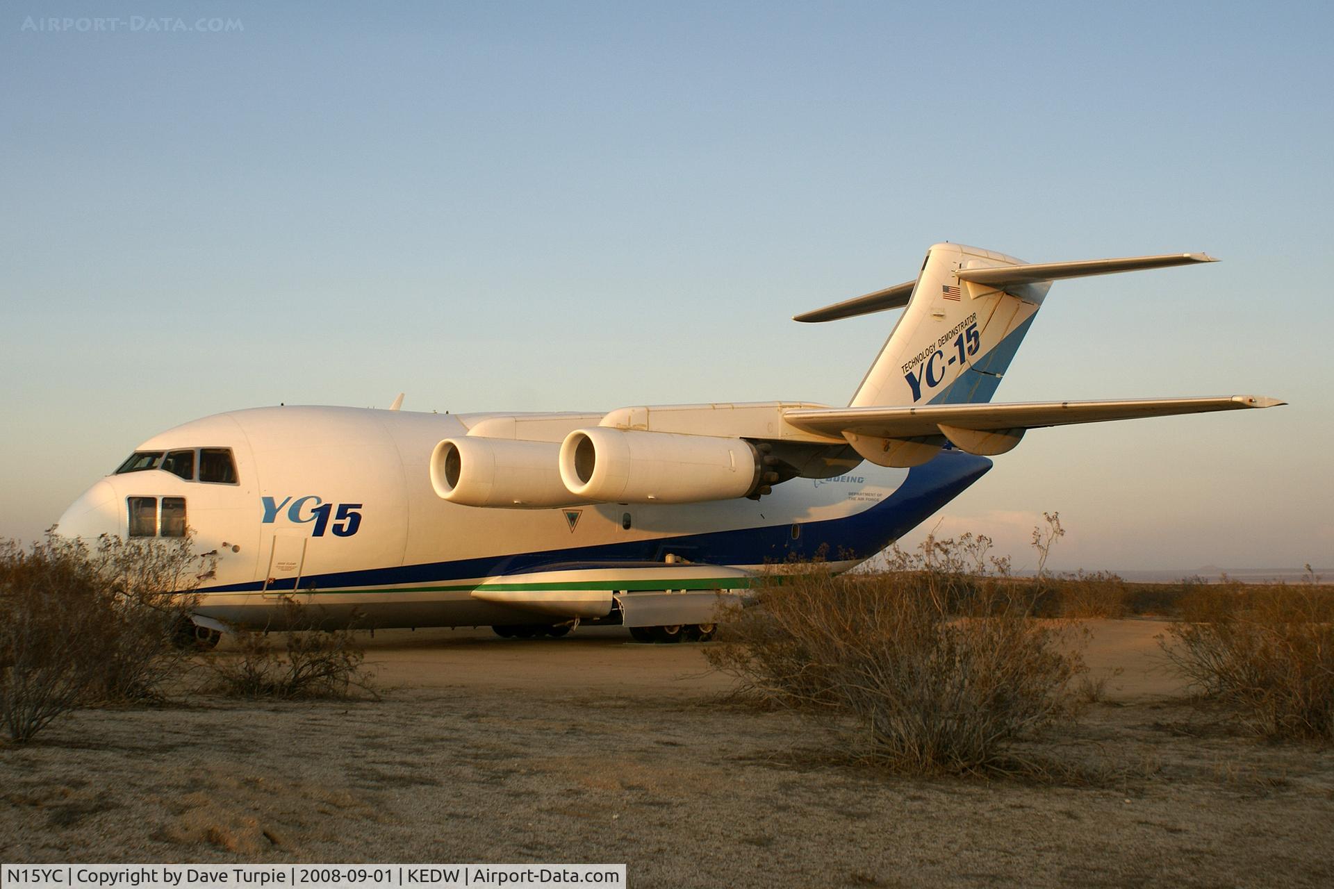 N15YC, 1972 McDonnell Douglas YC-15 C/N 72-01875, The first of two YC-15s manufactured, she made her maiden flight on August 28, 1975. Registered as N15YC in April 1997, the plane was moved to Edwards AFB in April 2008 and is displayed near the west gate in the Century Circle. 