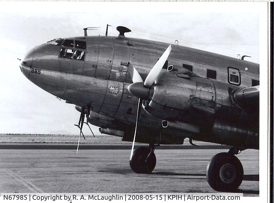 N67985, Curtiss C-46 Commando C/N 22538, Privately owned, passenger version, cargo door, no pass. seats.  Seat and row nos. above window, signs and placards in English and Chinese.
Lavatory at rear.  Apr '78.