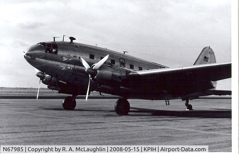 N67985, Curtiss C-46 Commando C/N 22538, Passenger version (more windows), no Pass. seats. Lavatory at rear of main cabin.  Cabin placards in English and Chinese.  Apr '78.
