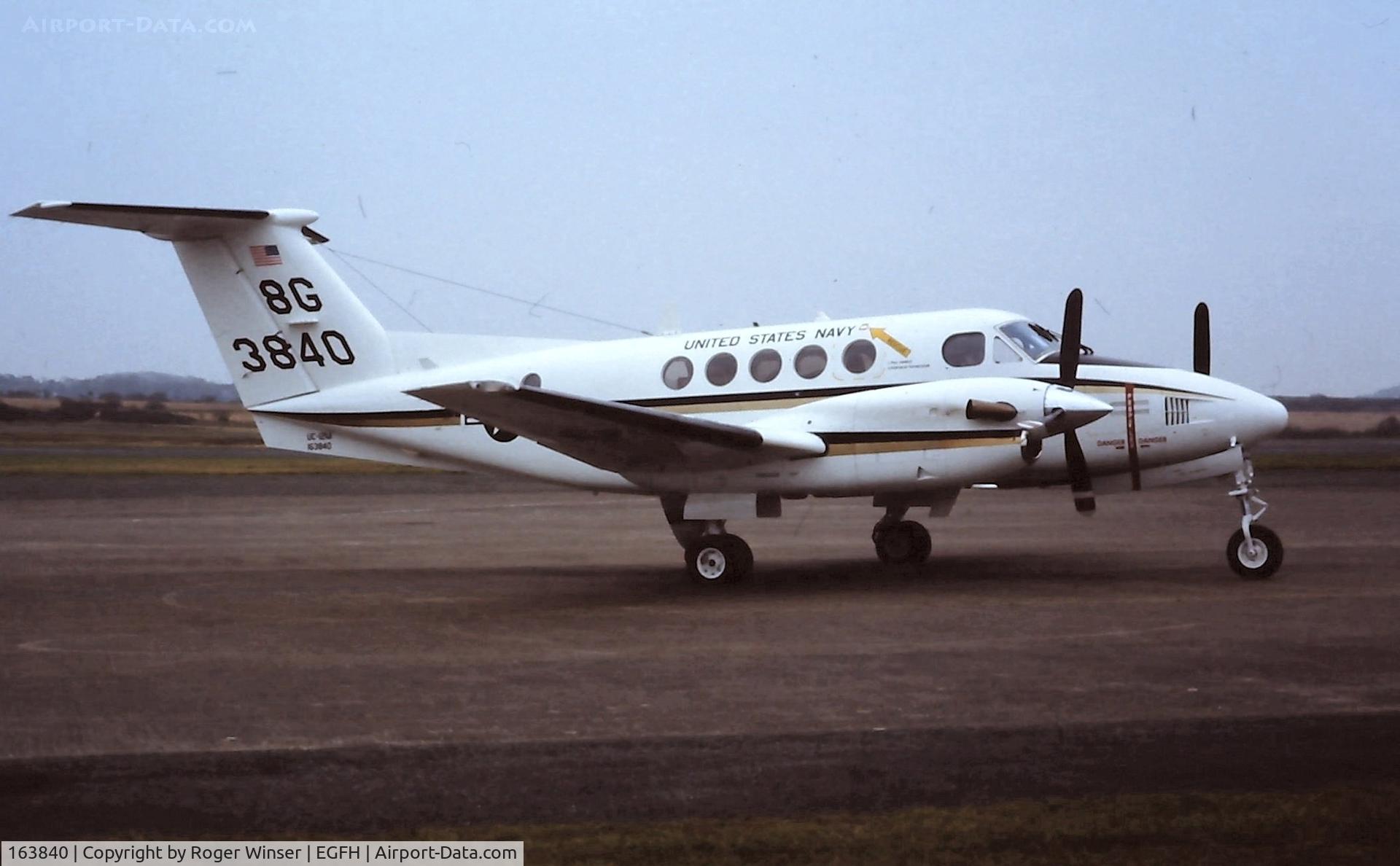 163840, 1987 Beech UC-12M Huron C/N BV-5, Visiting US Navy Huron aircraft coded 3840/8G from the Naval Air Facility at RAF Mildenhall. 1994.