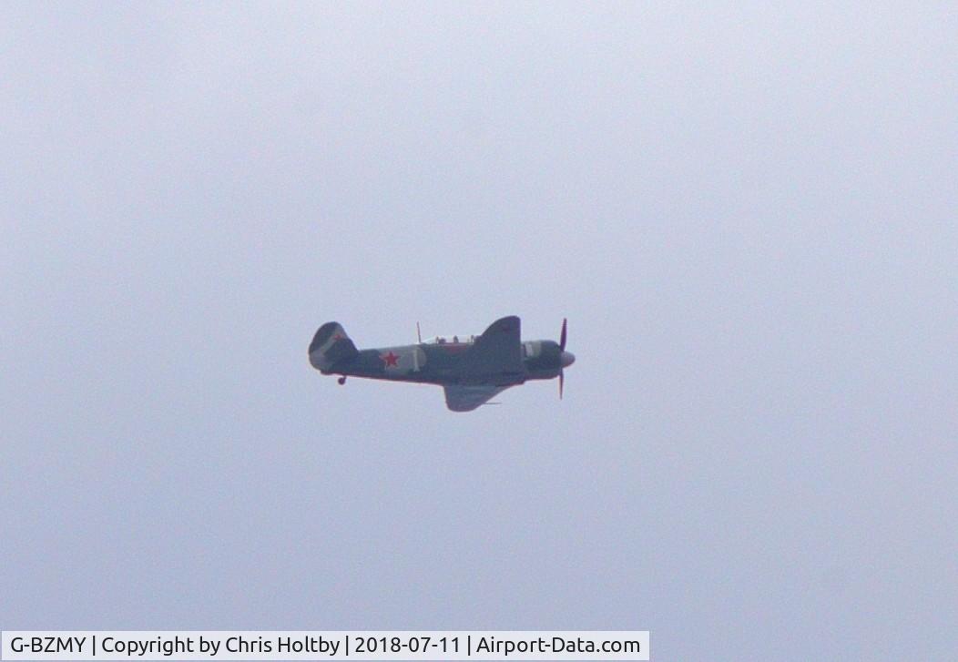 G-BZMY, 1954 Let C-11 (Yak-11) C/N 171314, Nice to capture this Yak C-11 in flight over Potters Bar, Herts