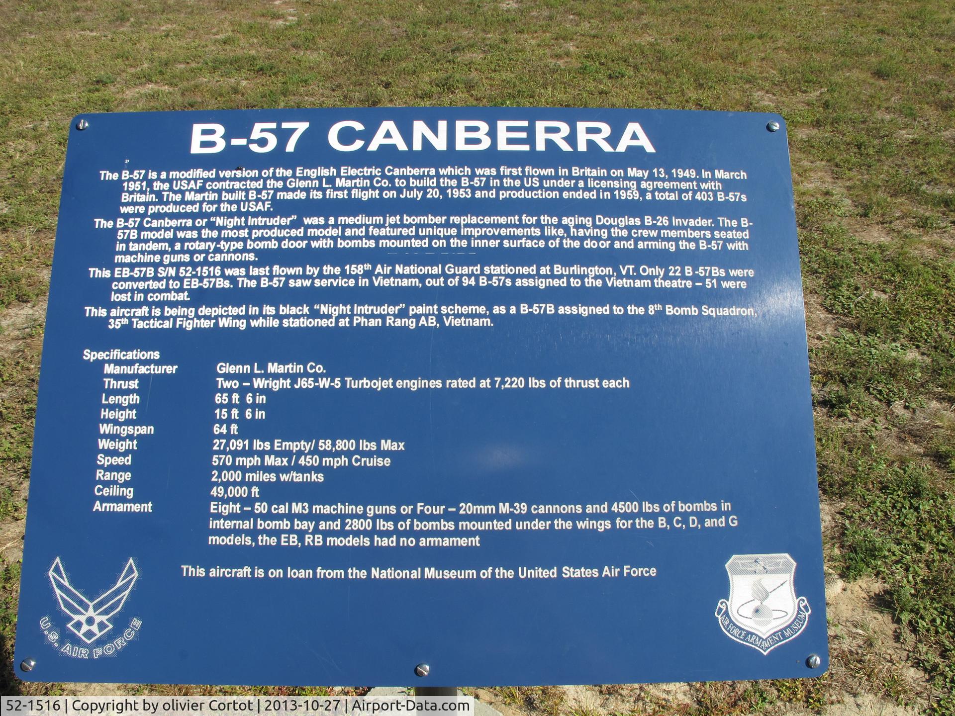 52-1516, 1952 Martin EB-57B Canberra C/N 099, history of the plane