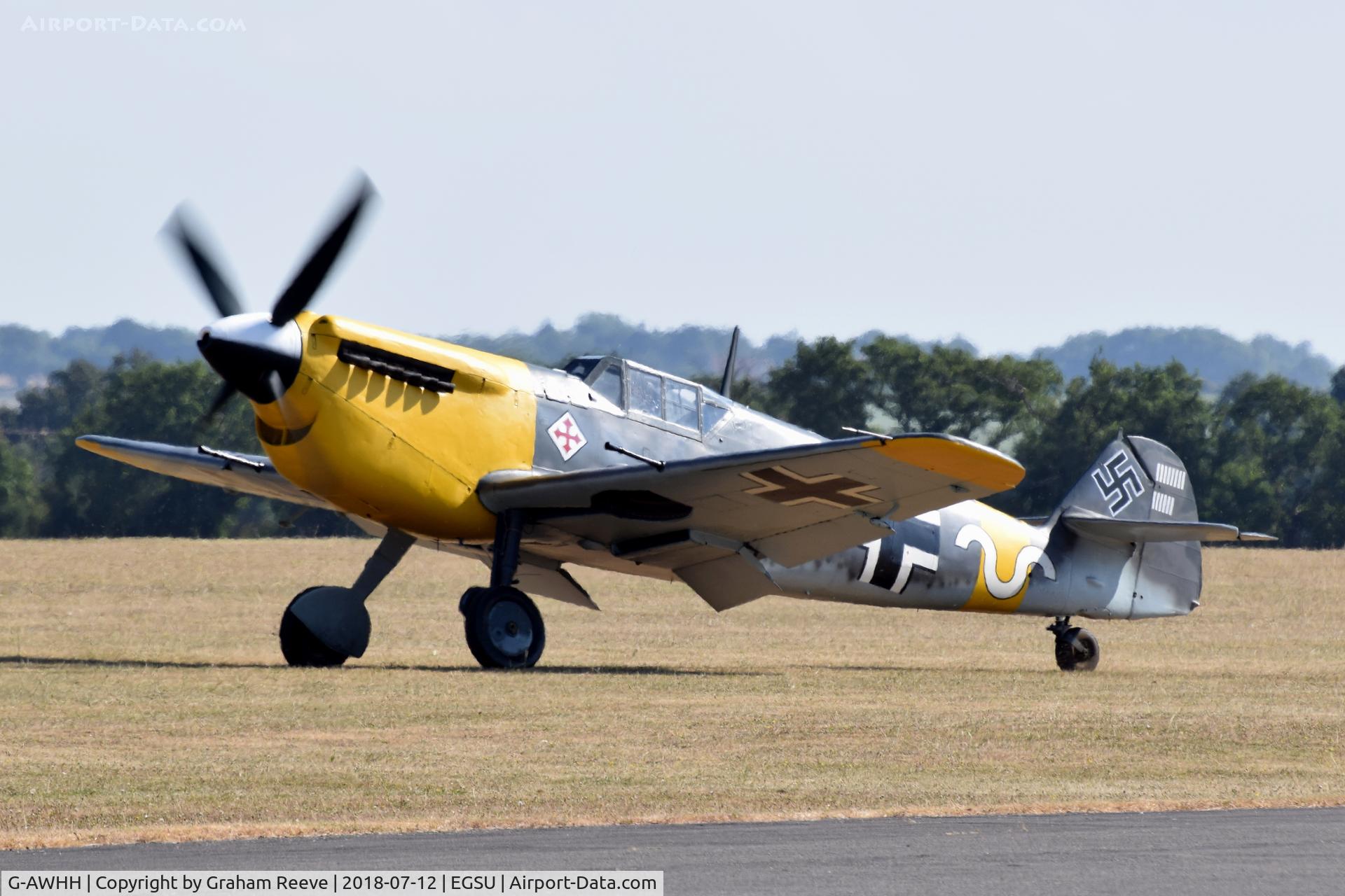 G-AWHH, 1958 Hispano HA-1112-M1L Buchon C/N 145, About to depart from Duxford.