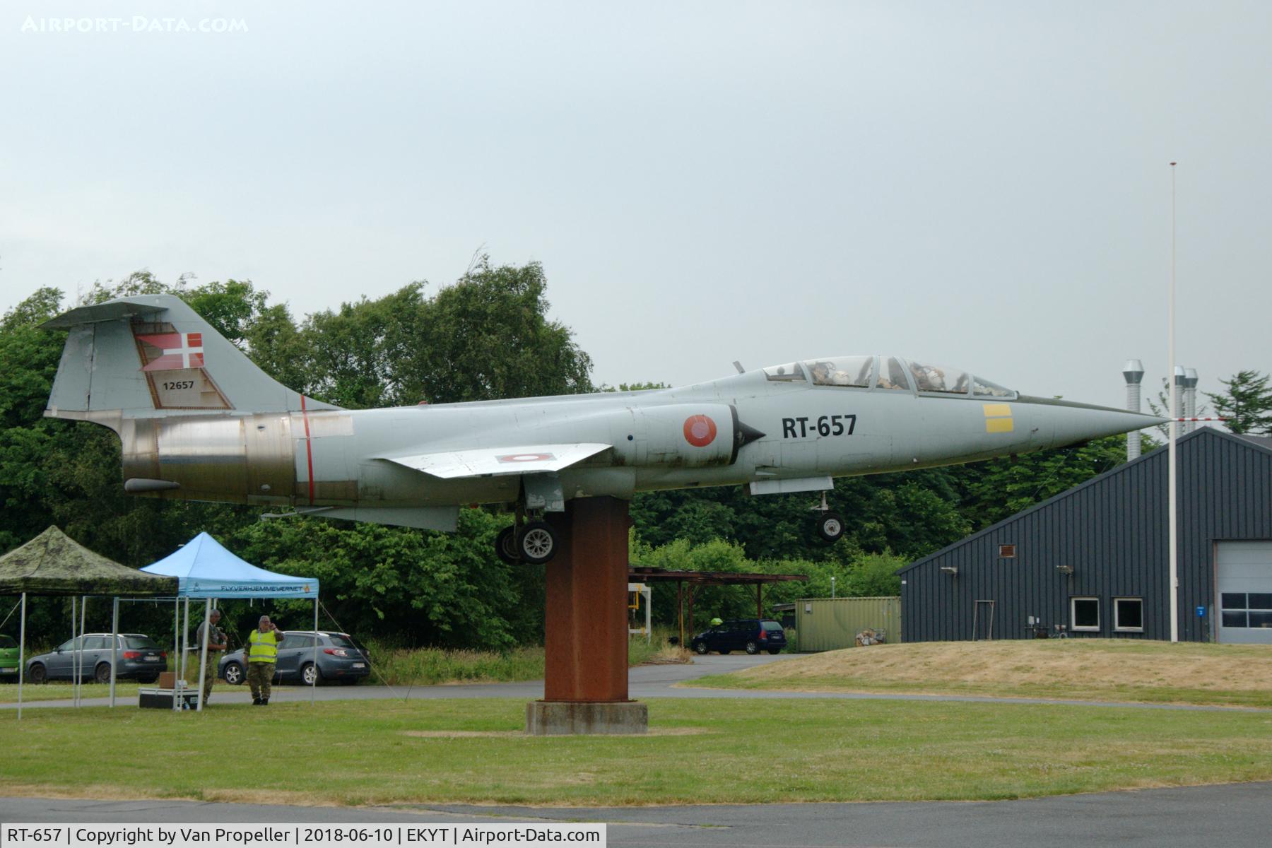 RT-657, Lockheed CF-104D Starfighter C/N 583A-5327, Lockheed CF-104D Starfighter of the Royal Danish Air Force on a pole near the civil terminal of Aalborg Airport.