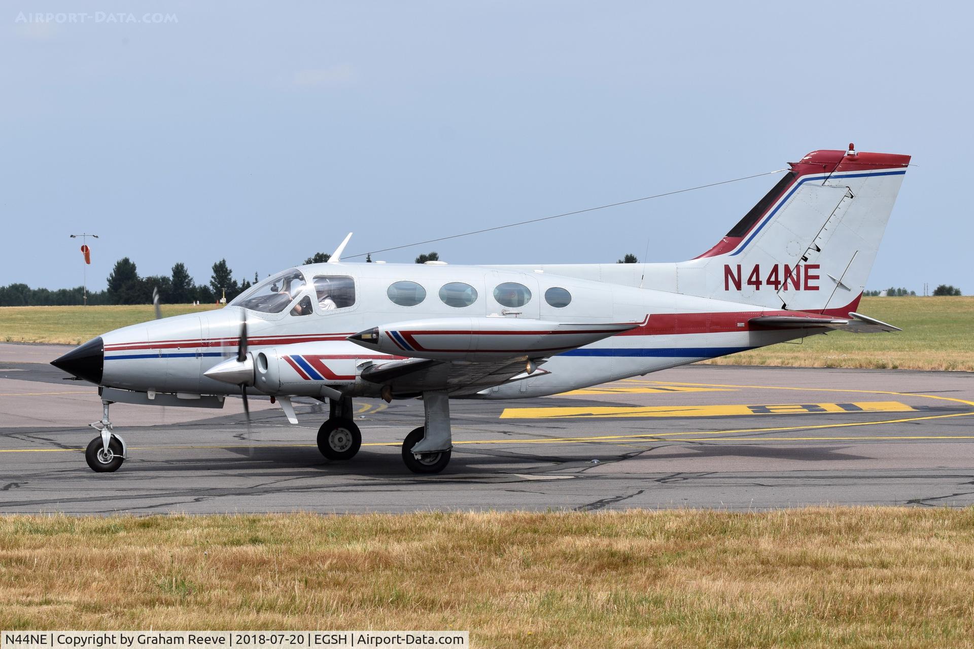 N44NE, 1970 Cessna 414 Chancellor Chancellor C/N 414-0070, Just landed at Norwich.