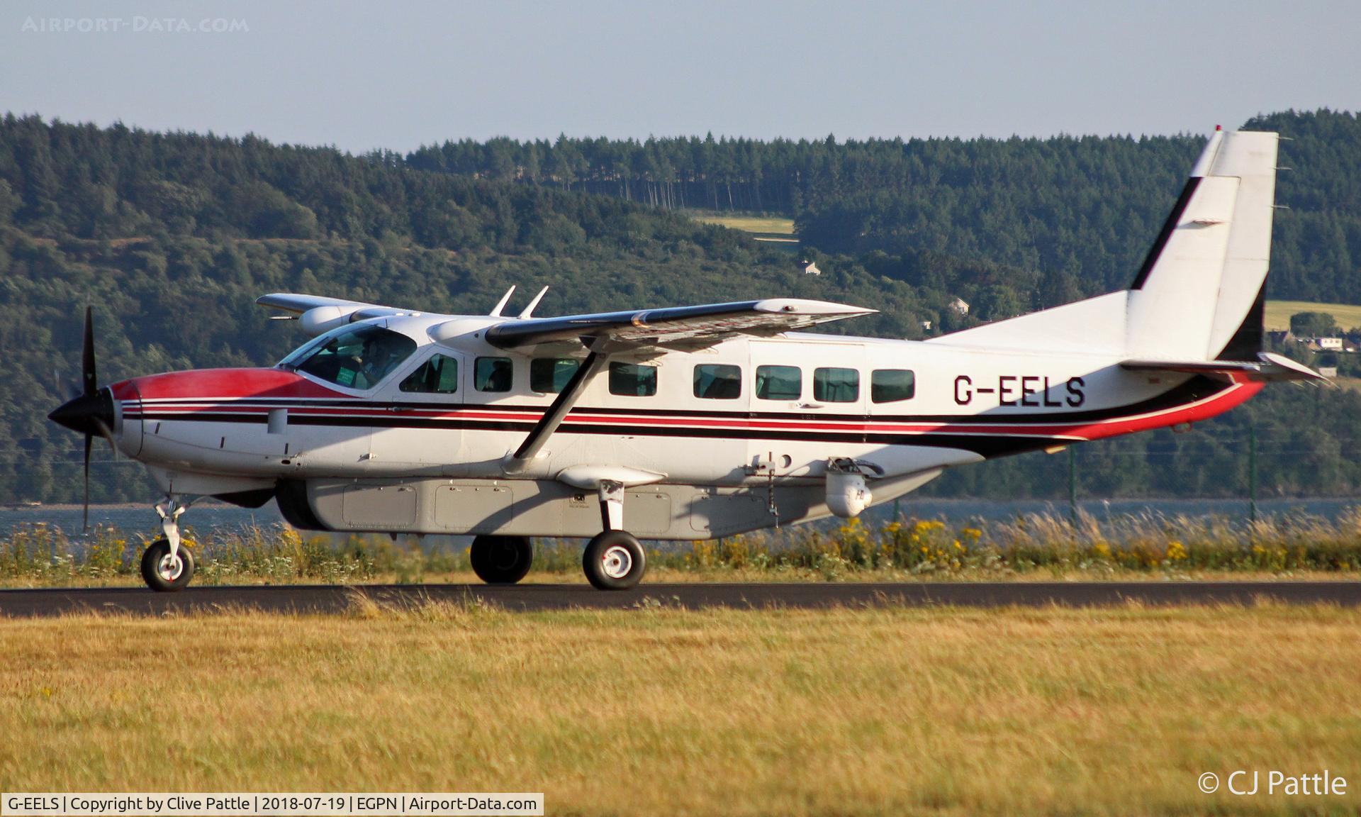 G-EELS, 1997 Cessna 208B Grand Caravan C/N 208B0619, Taxy to parking at Dundee after another TV Camera sortie over Carnoustie for the 2018 British Open Golf Championship. N.b the HD Camera equipment on the rear port side.