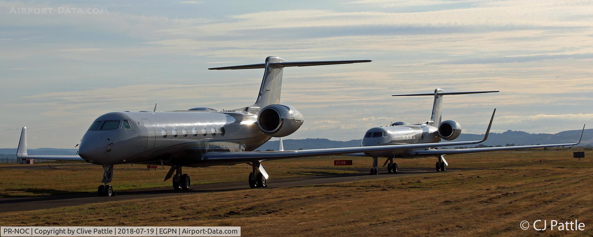 PR-NOC, 2007 Gulfstream Aerospace GV-SP (G550) C/N 5144, Parked up at Dundee during the 2018 British Open Golf Championships being held at nearby Carnoustie. In the rear is GLF5 N901SG