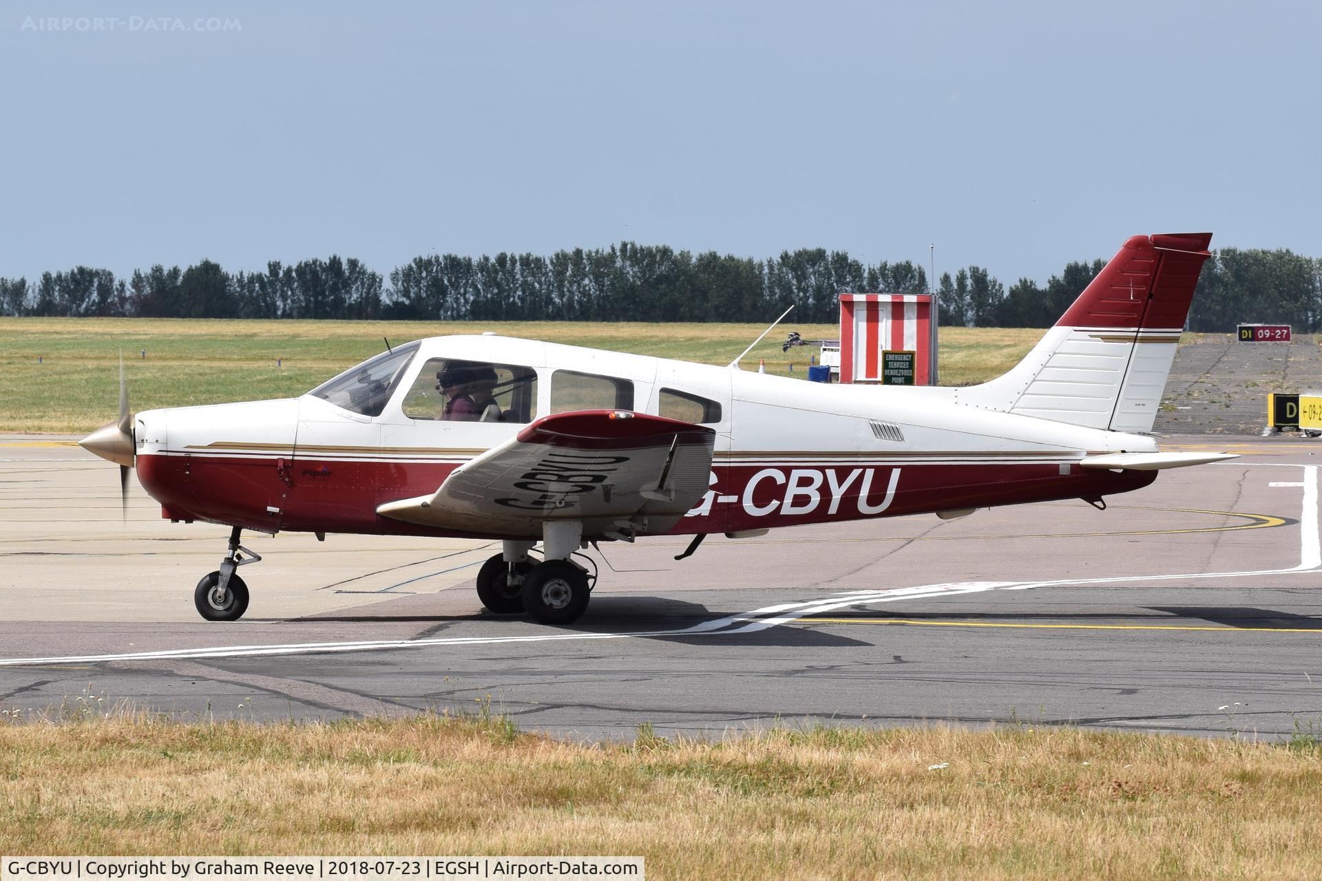 G-CBYU, 2002 Piper PA-28-161 Cherokee Warrior II C/N 2842173, Just landed at Norwich.