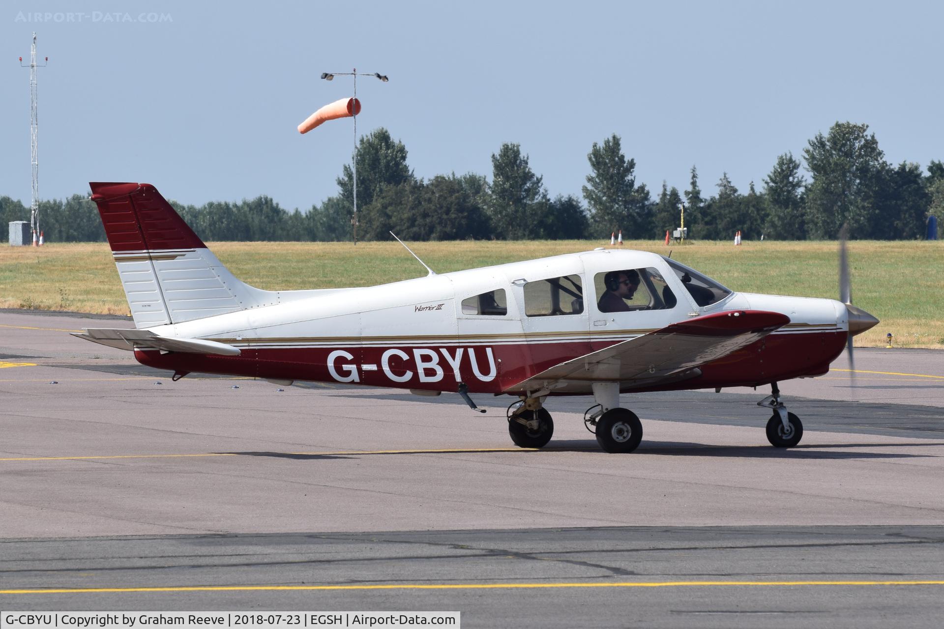 G-CBYU, 2002 Piper PA-28-161 Cherokee Warrior II C/N 2842173, Departing from Norwich.