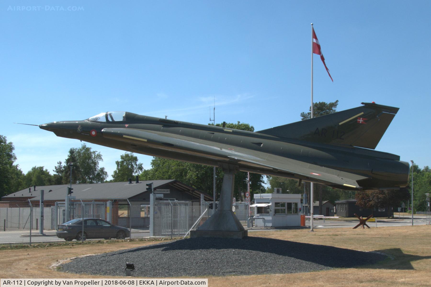 AR-112, 1971 Saab RF-35 Draken C/N 35-1112, Saab RF-35 Draken of the Royal Danish Air Force, restored and mounted on a pedestal at the entrance of Karup Air Base