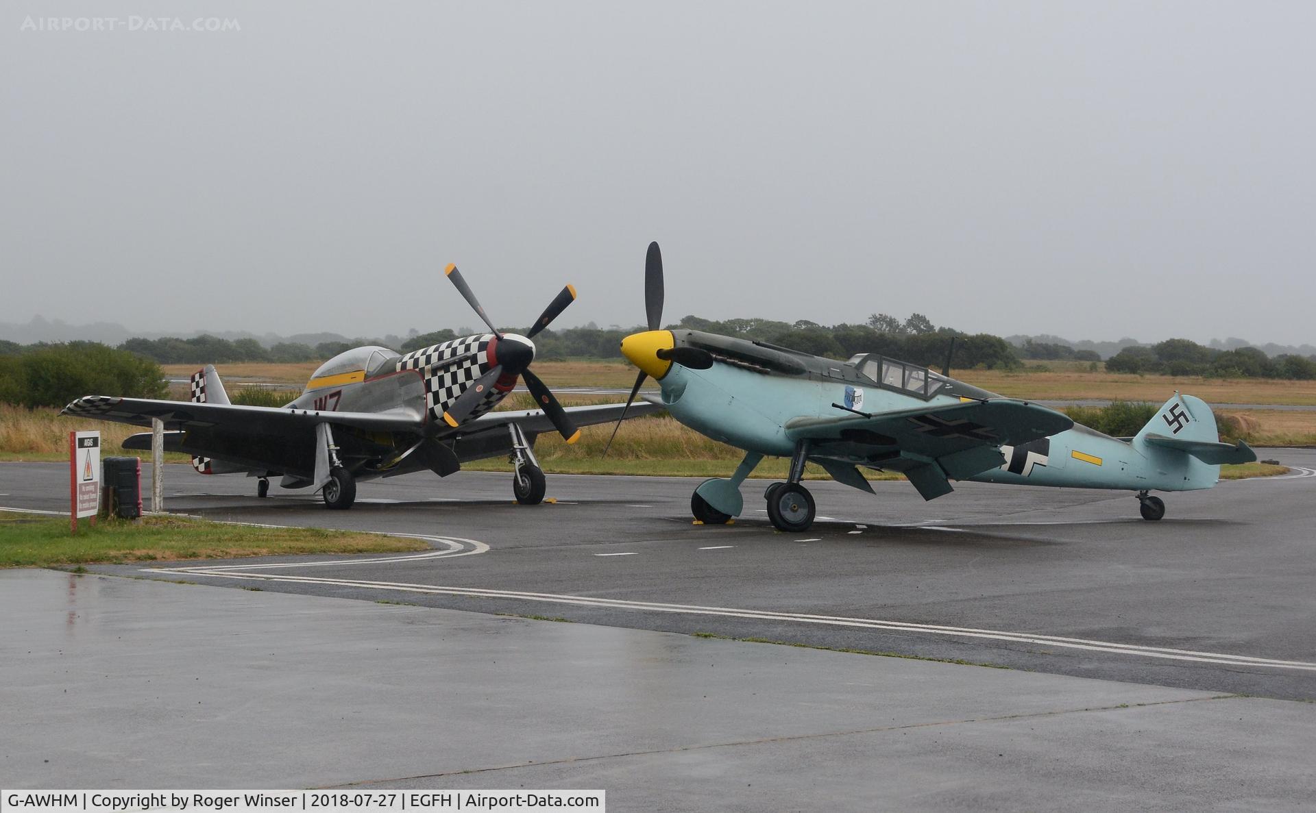 G-AWHM, 1958 Hispano HA-1112-M1L Buchon C/N 187, Visiting P-51D Mustang aircraft G-TFSI and Buchon aircraft G-AWHM at Swansea Airport prior to departing for the Bray Air Display, Eire.