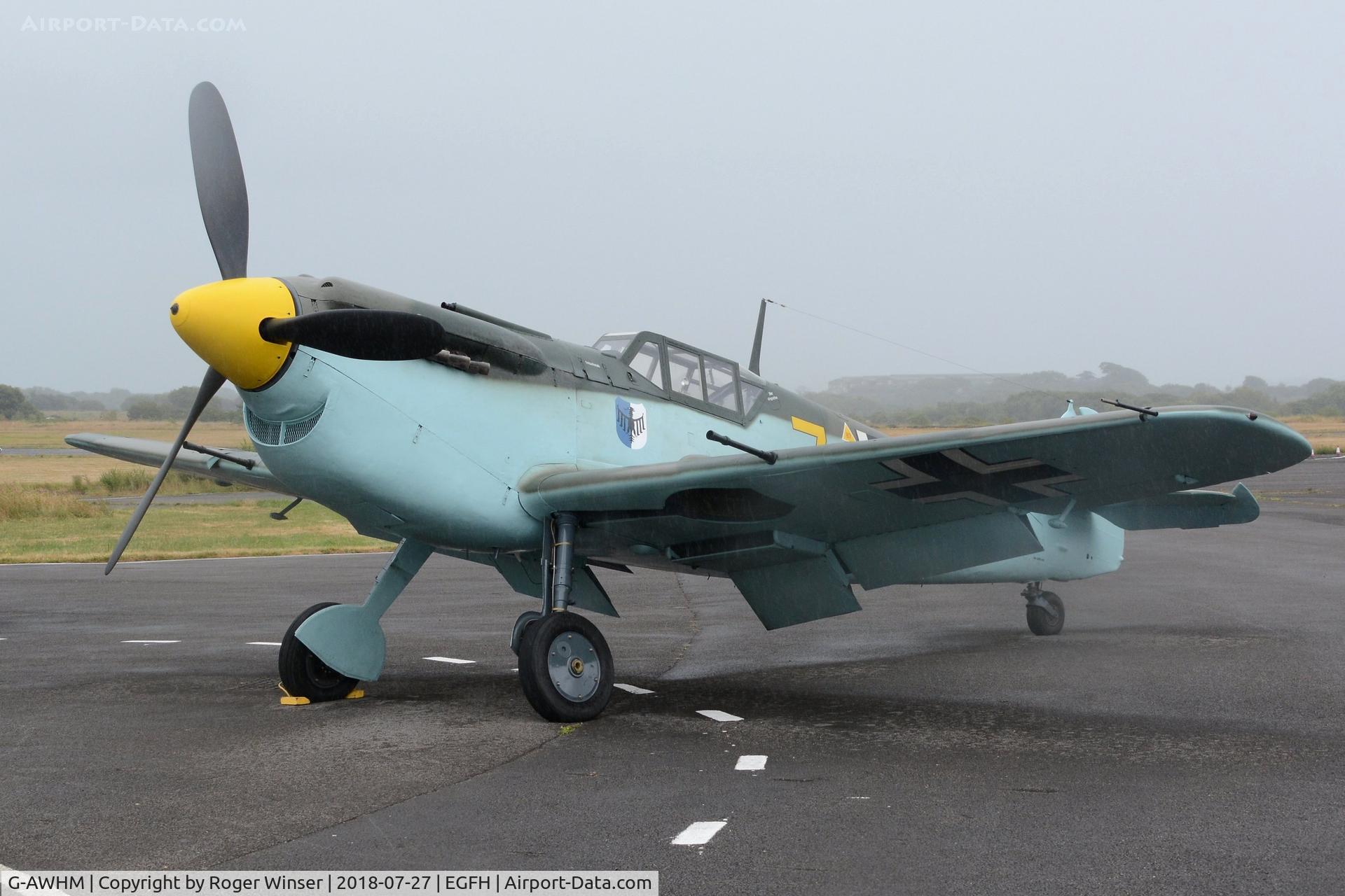 G-AWHM, 1958 Hispano HA-1112-M1L Buchon C/N 187, Visiting Buchon in the markngs of Messerschmitt Bf 109 aircraft yellow 7 of JG.26.