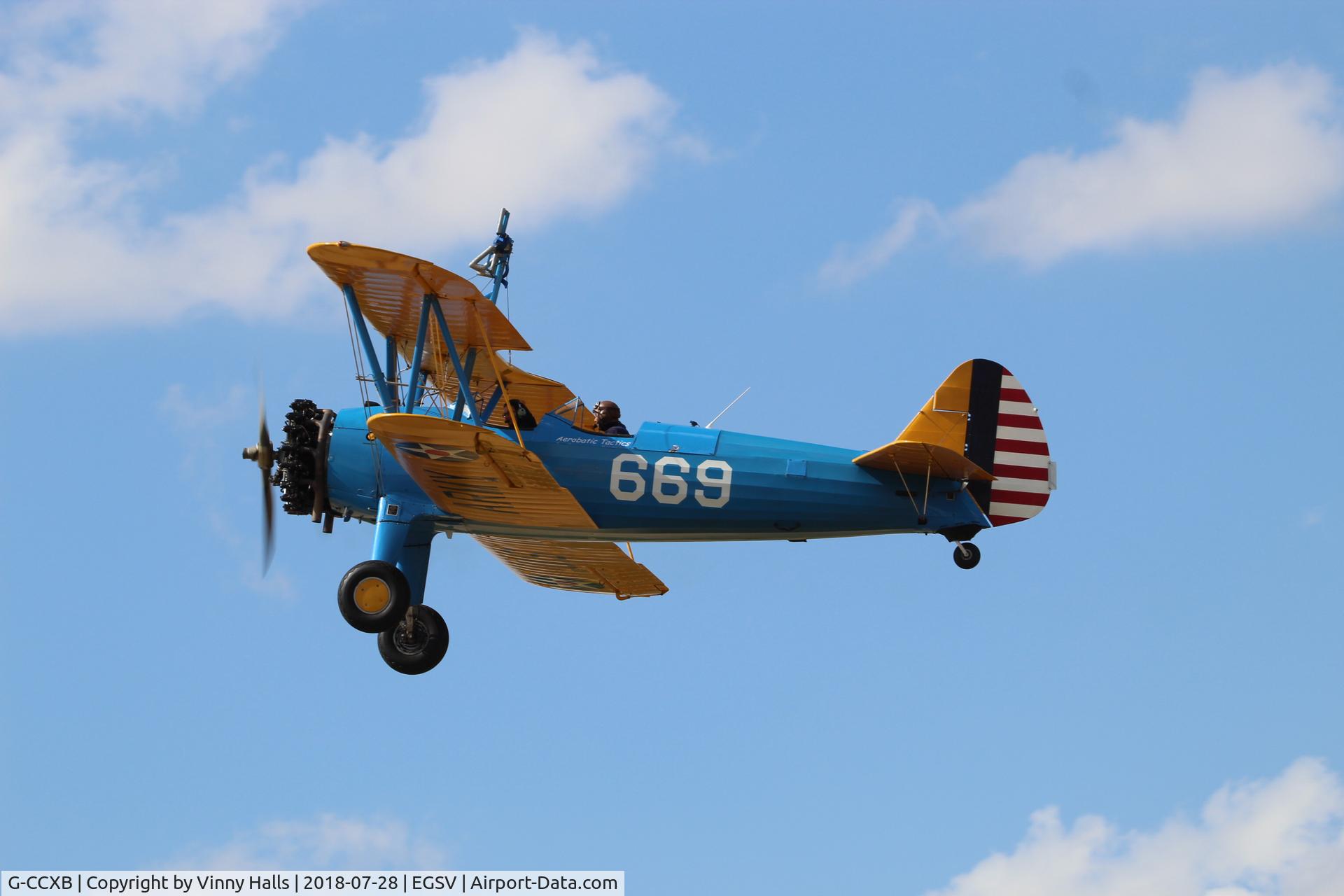 G-CCXB, 1942 Boeing A75L3 C/N 75-7854, Departs Old Buckenham Airfield, fitted with wing walker frame