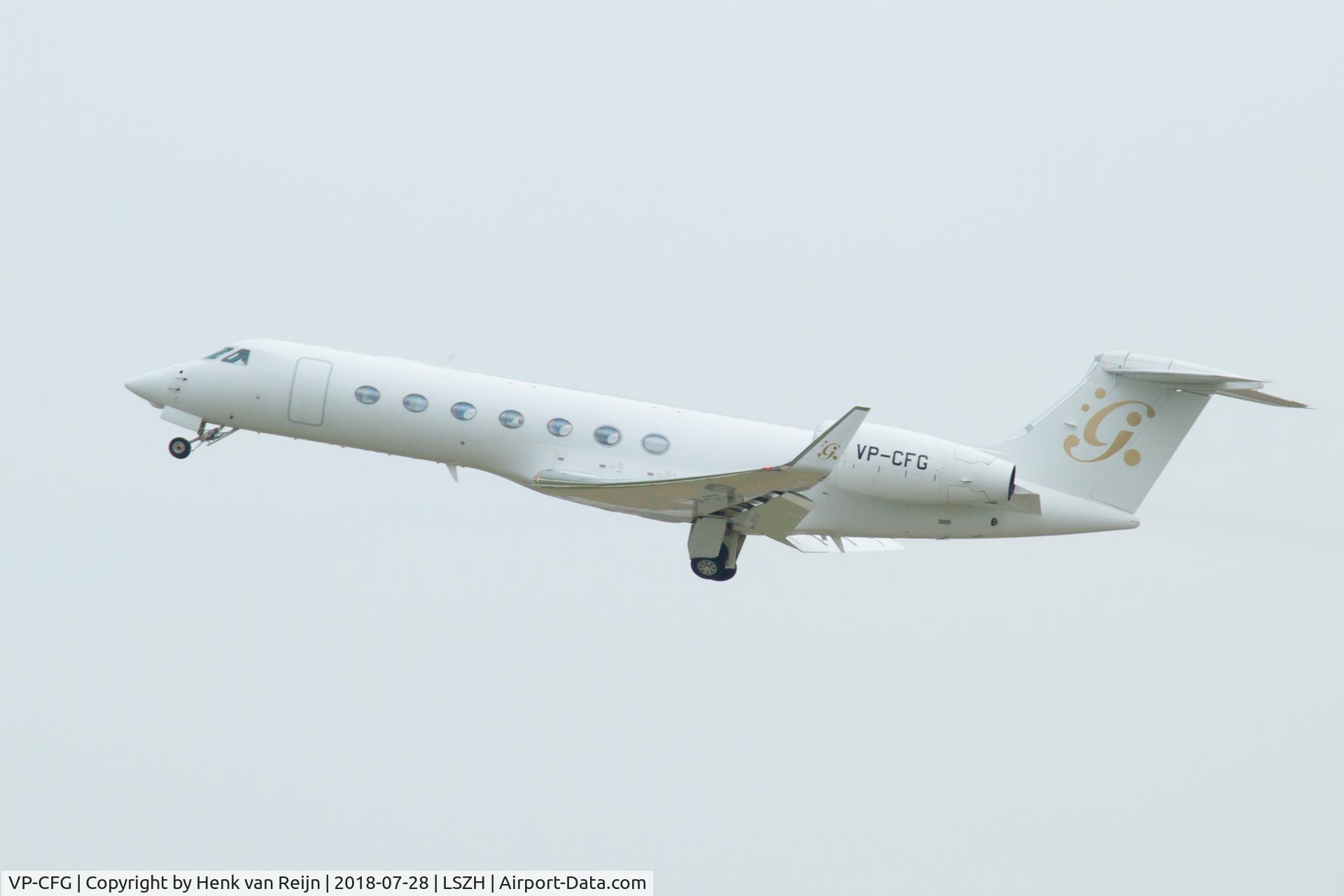 VP-CFG, 2009 Gulfstream Aerospace V-SP G550 C/N 5238, Start and take off in Zuerich 14:38