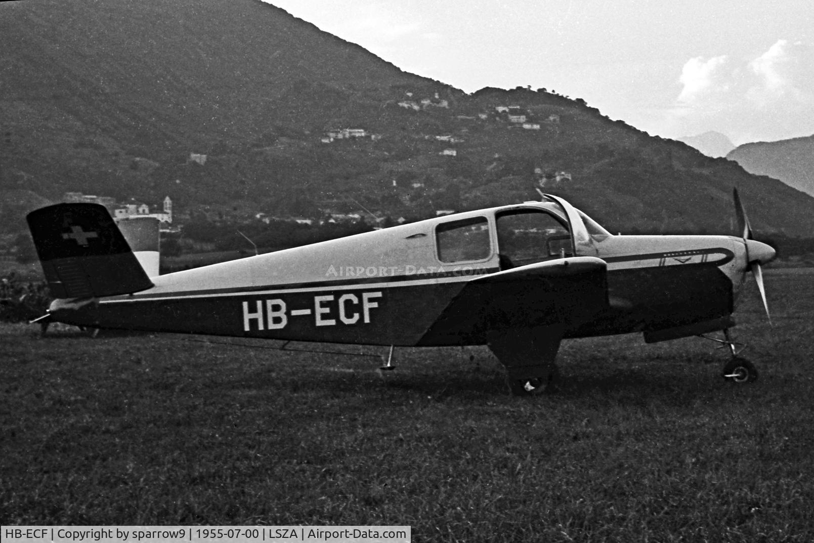 HB-ECF, 1948 Beech A35 Bonanza Bonanza C/N D-1827, At Lugano-Agno airfield mid 50-ies. Scanned from a b+w 6x9 negative.