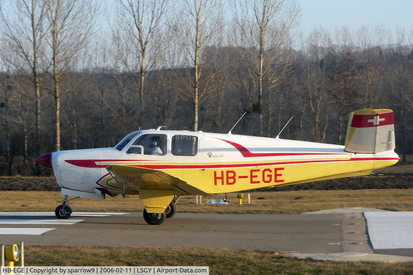 HB-EGE, 1949 Beechcraft A35 Bonanza C/N D-2045, On a sunny winter-day at Yverdon. HB-registered from 1949-08-17 until 2017-08-14