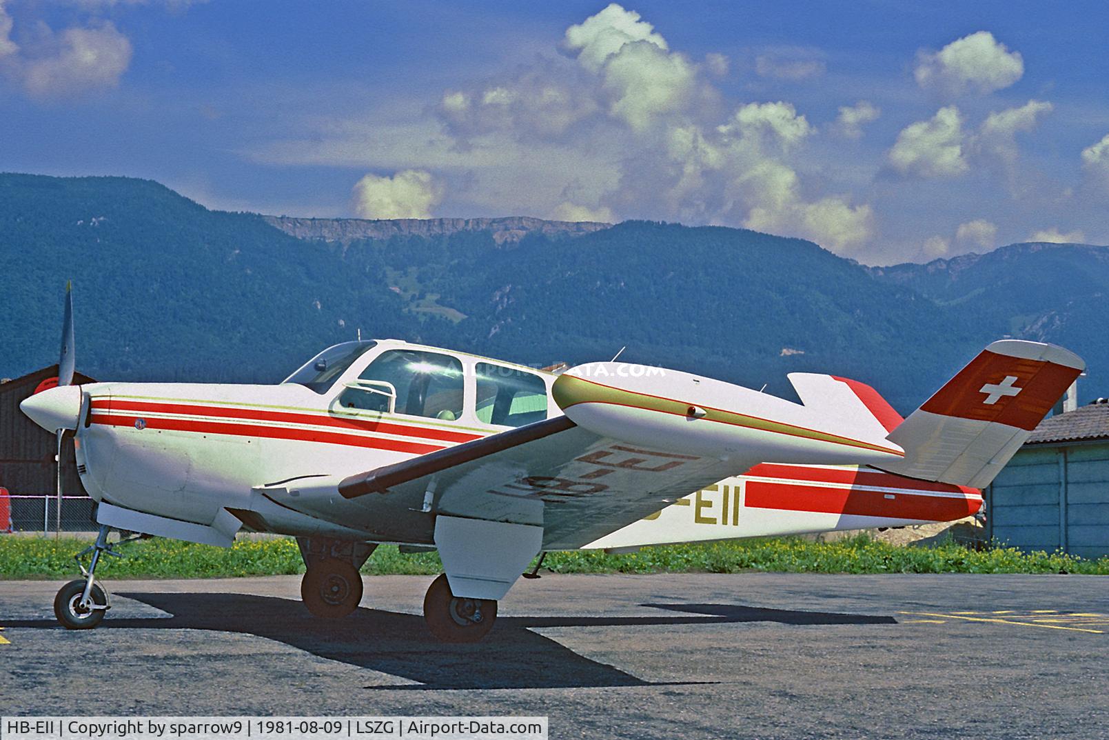 HB-EII, 1955 Beechcraft F35 Bonanza C/N D-4019, At Grenchen. Scanned from a slide.