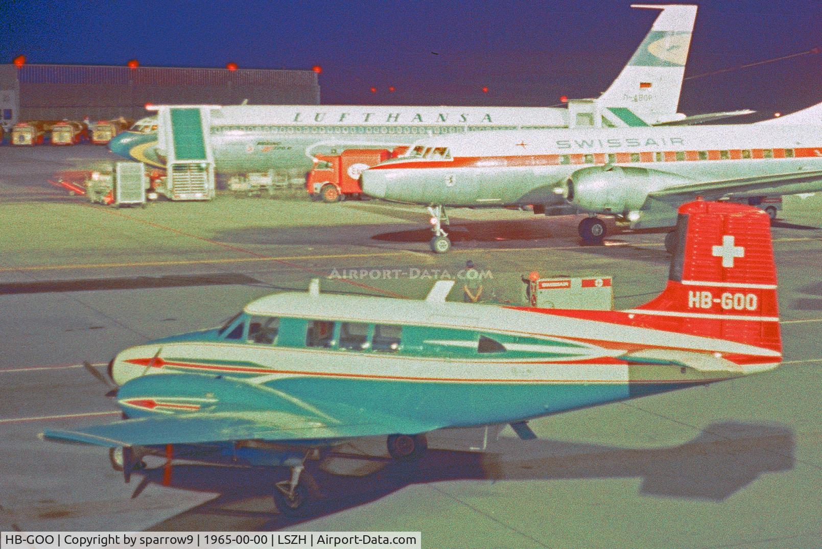 HB-GOO, 1961 Beech 65 Queen Air C/N LC-117, HB-registered from 1961-11-28 until 1965-09-16. Scanned from a color-negative.