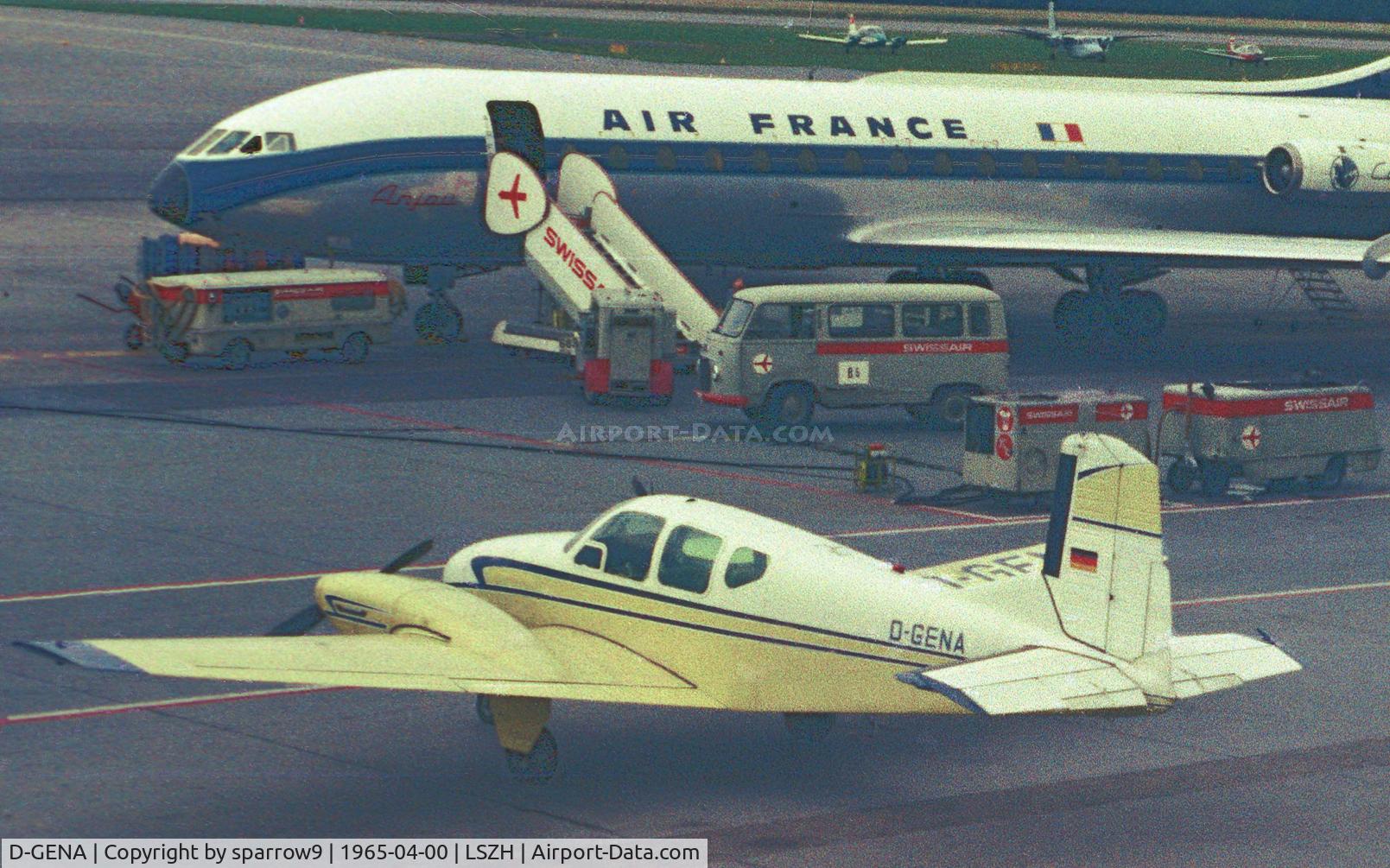 D-GENA, 1959 Beech 95 Travel Air C/N TD-227, At Zurich-Kloten Airport. Less traffic those times. Written off 1968-02-15. Scanned from negative.