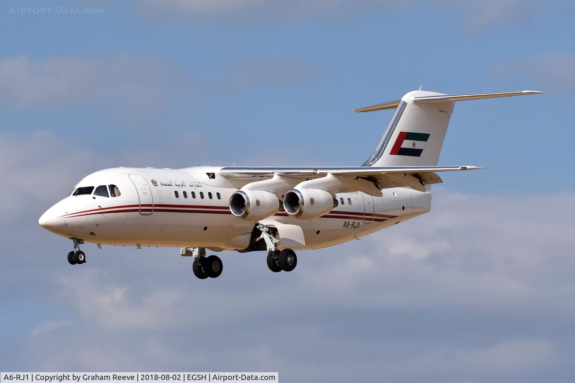 A6-RJ1, 1998 British Aerospace Avro 146-RJ85A C/N E2323, Landing at Norwich.