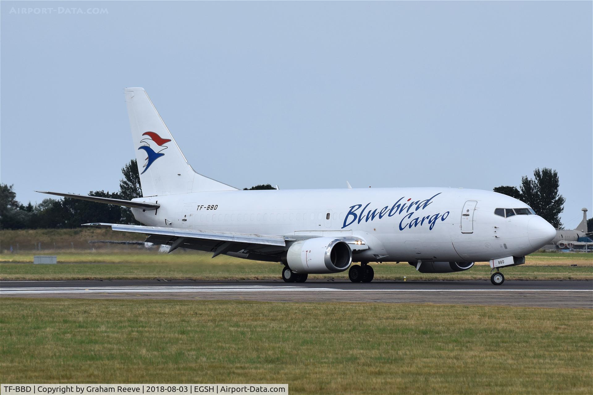 TF-BBD, 1989 Boeing 737-3Y0F C/N 24463, Just landed at Norwich.
