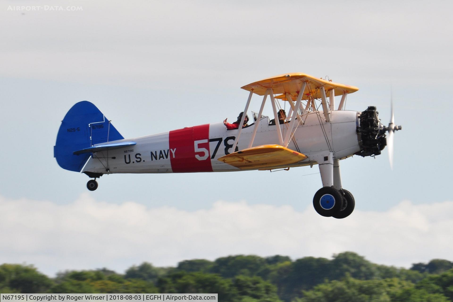 N67195, 1940 Boeing A75N1(PT17) C/N 75-1755, Visiting PT-17 biplane in the markings of US Navy N2S-5 aircraft 578 departing Runway 28.