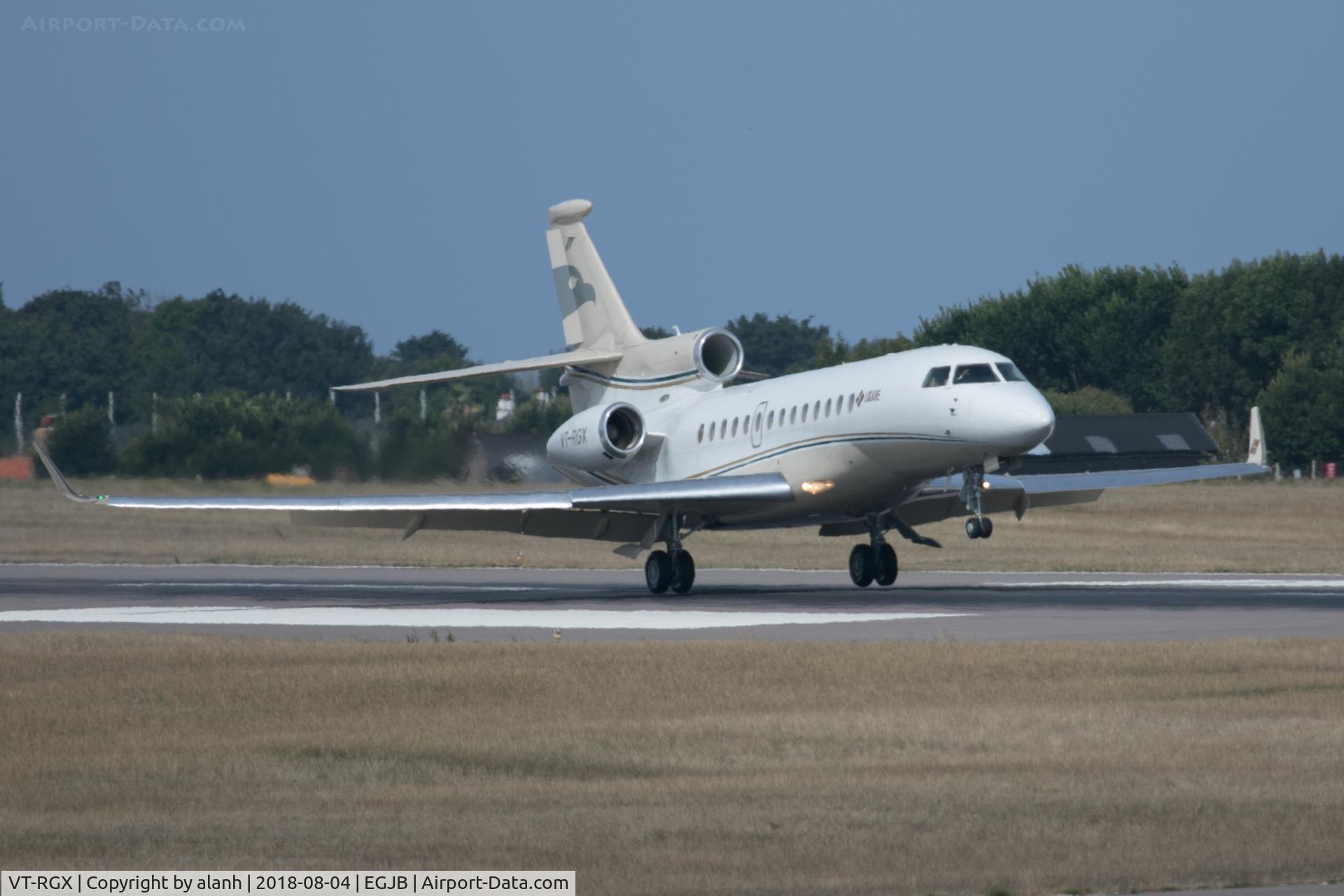 VT-RGX, 2008 Dassault Falcon 7X C/N 049, Touching down in Guernsey