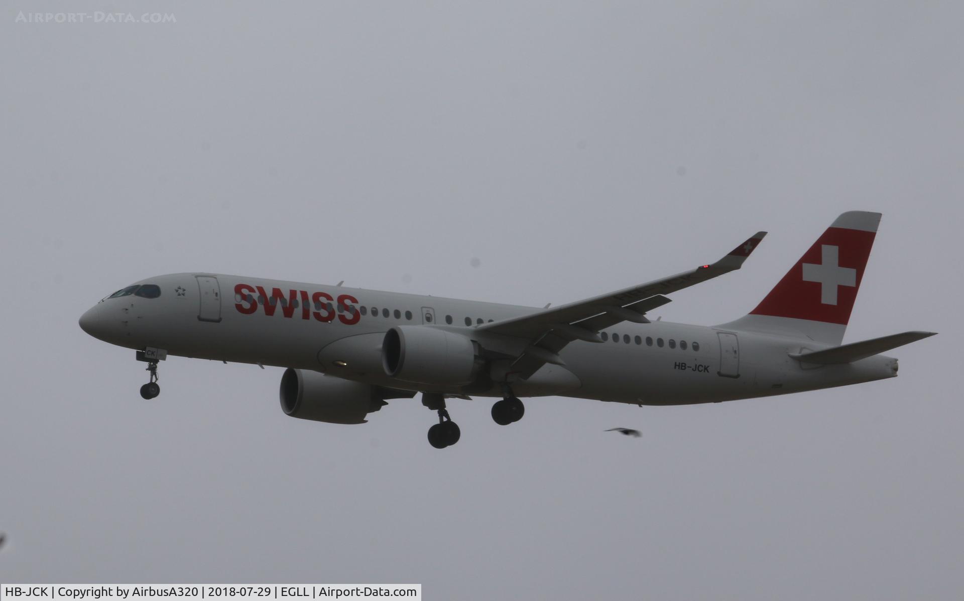 HB-JCK, 2018 Bombardier CSeries CS300 (BD-500-1A11) C/N 55027, arriving at Heathrow