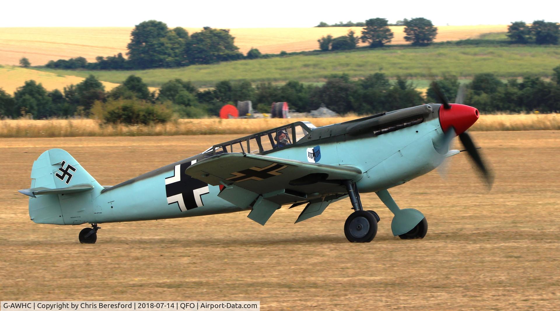 G-AWHC, 1954 Hispano HA-1112 M4L C/N 40/2, 2 seat Buchon captured on roll out after a display at IWM Duxford 14th July 2018