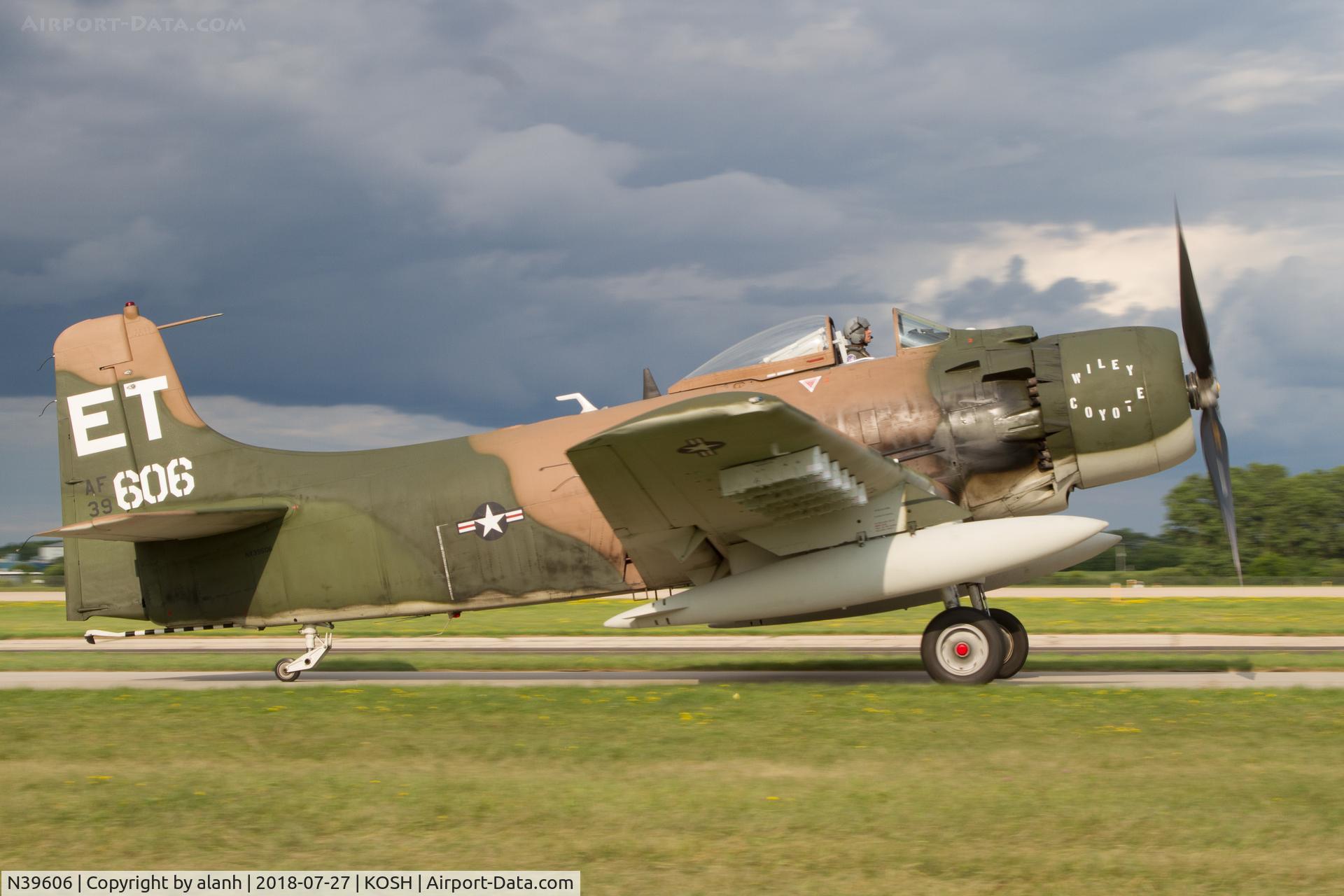 N39606, 1955 Douglas AD-6 Skyraider C/N 10838, In a new scheme at AirVenture 2018, taxiing for Heritage Flight performance
