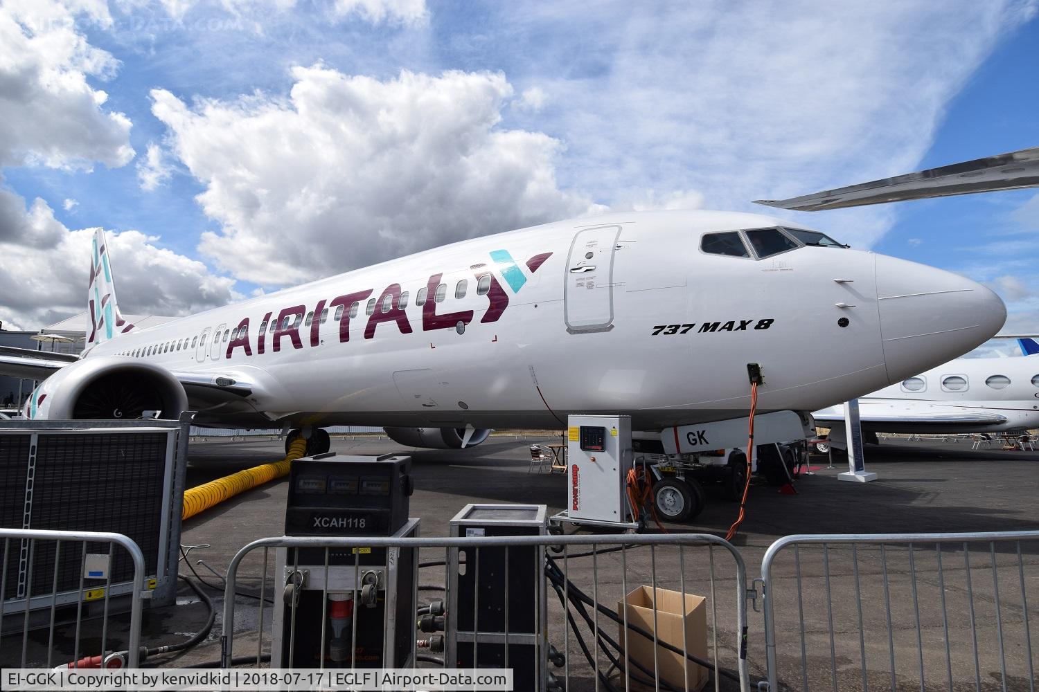 EI-GGK, 2018 Boeing 737-8 MAX C/N 64606, On static display at FIA 2018.
