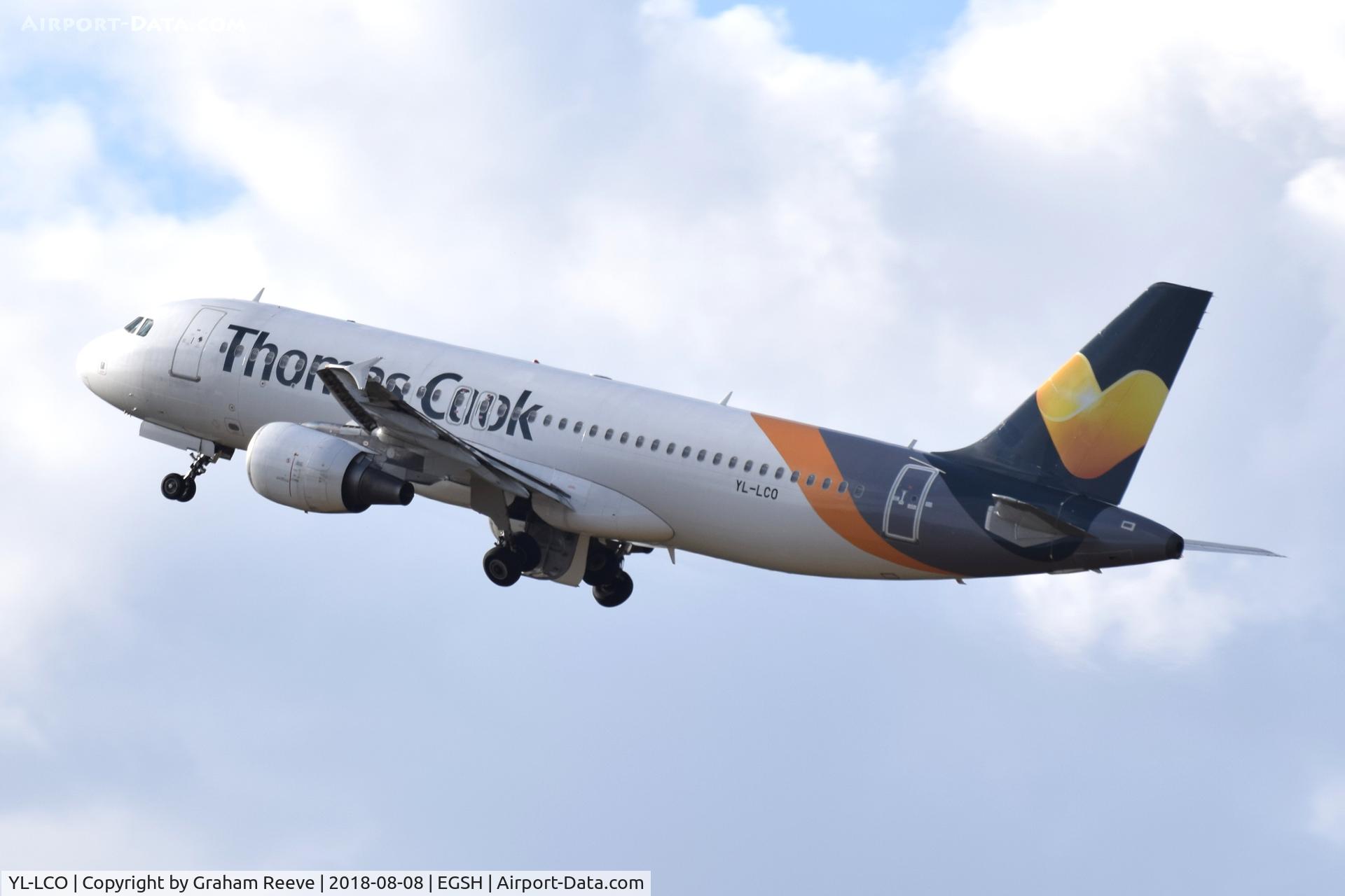 YL-LCO, 2002 Airbus A320-214 C/N 1873, Departing from Norwich.