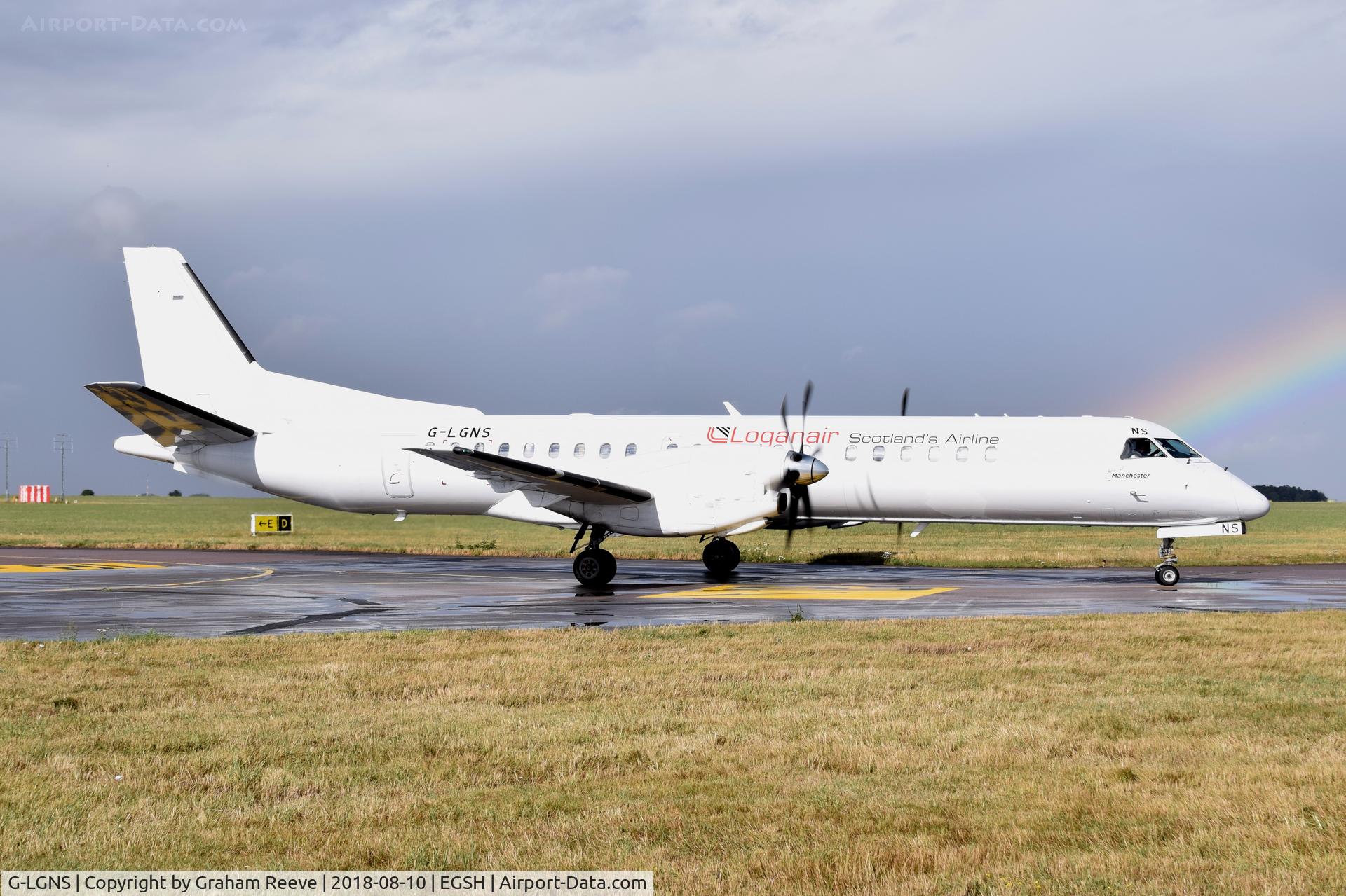 G-LGNS, 1996 Saab 2000 C/N 2000-041, Just landed at Norwich.