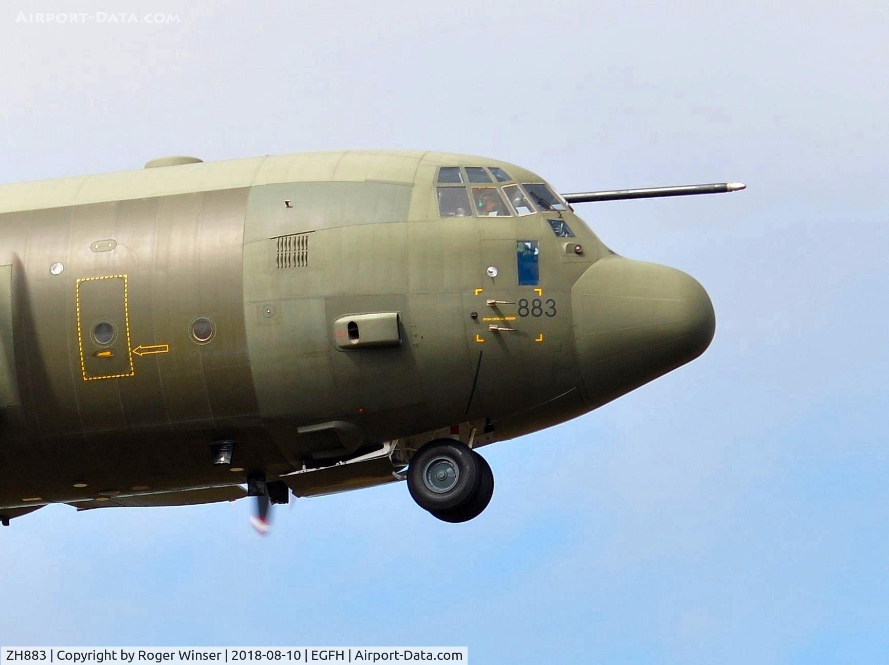 ZH883, 1999 Lockheed Martin C-130J Hercules C.5 C/N 382-5481, RAF Hercules C.5 aircraft coded 883 low over Runway 04.